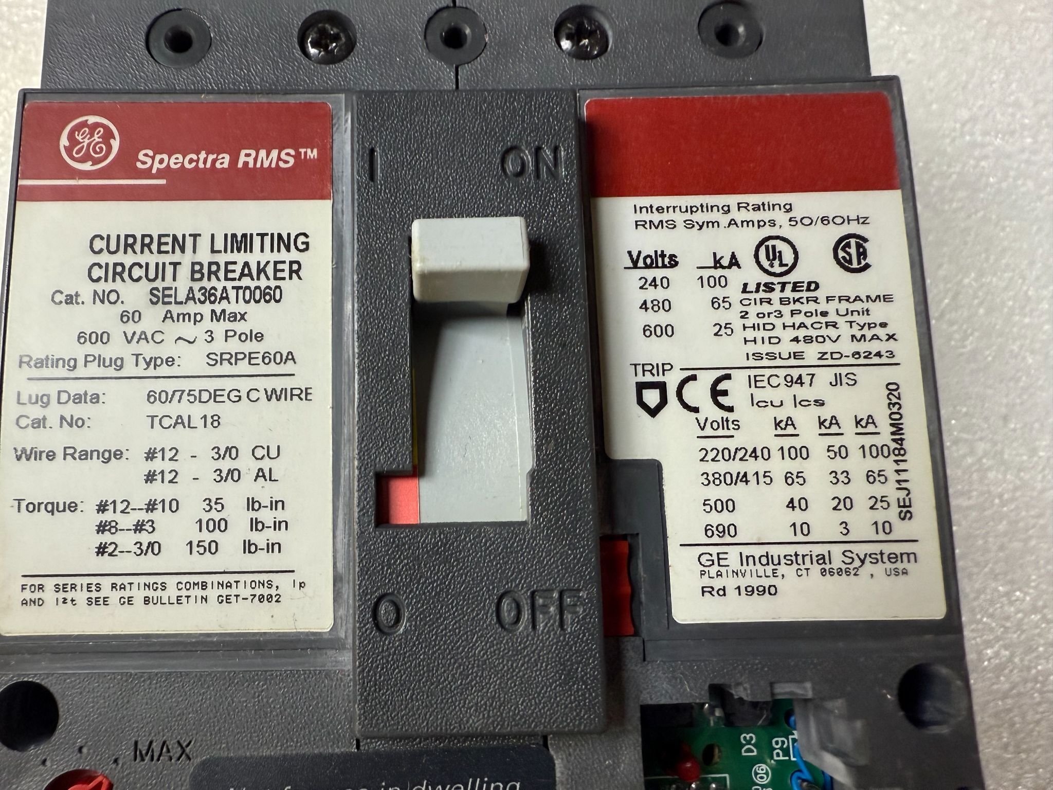 GENERAL ELECTRIC SELA36AT0060 600VAC 60A Current Limiting Circuit Breaker USED 1