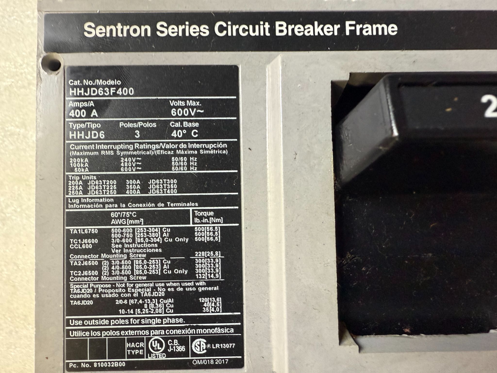 SIEMENS HHJD63F400 Sentron Molded Case Circuit Breaker 600V 400A USED 2