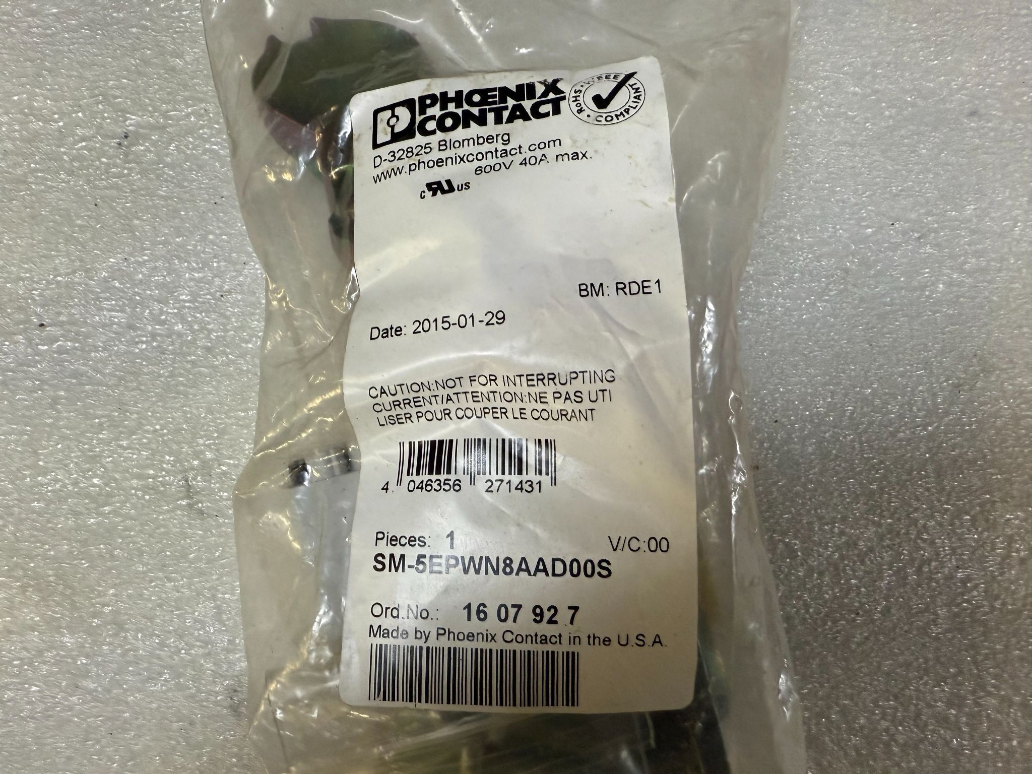 PHOENIX CONTACT 160792 SM‑5EPWN8AAD00S Device Connector Front Mounting NEW 1