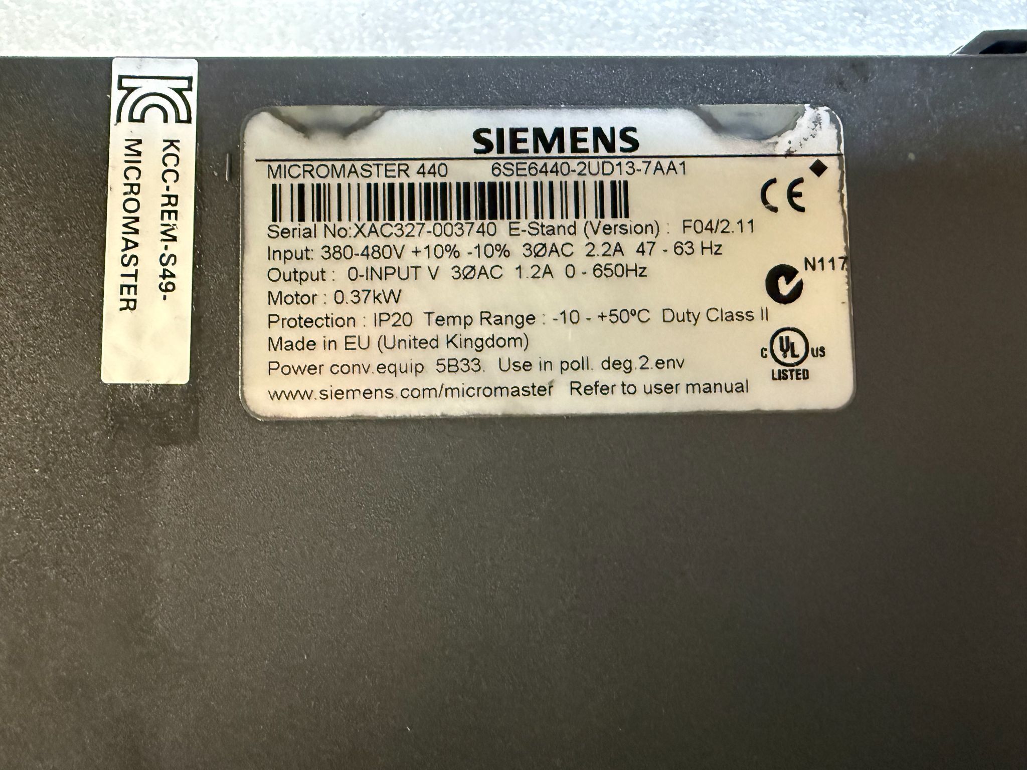 SIEMENS 6SE6440‑2UD13‑7AA1 MicroMaster 440 Inverter Drive USED 2