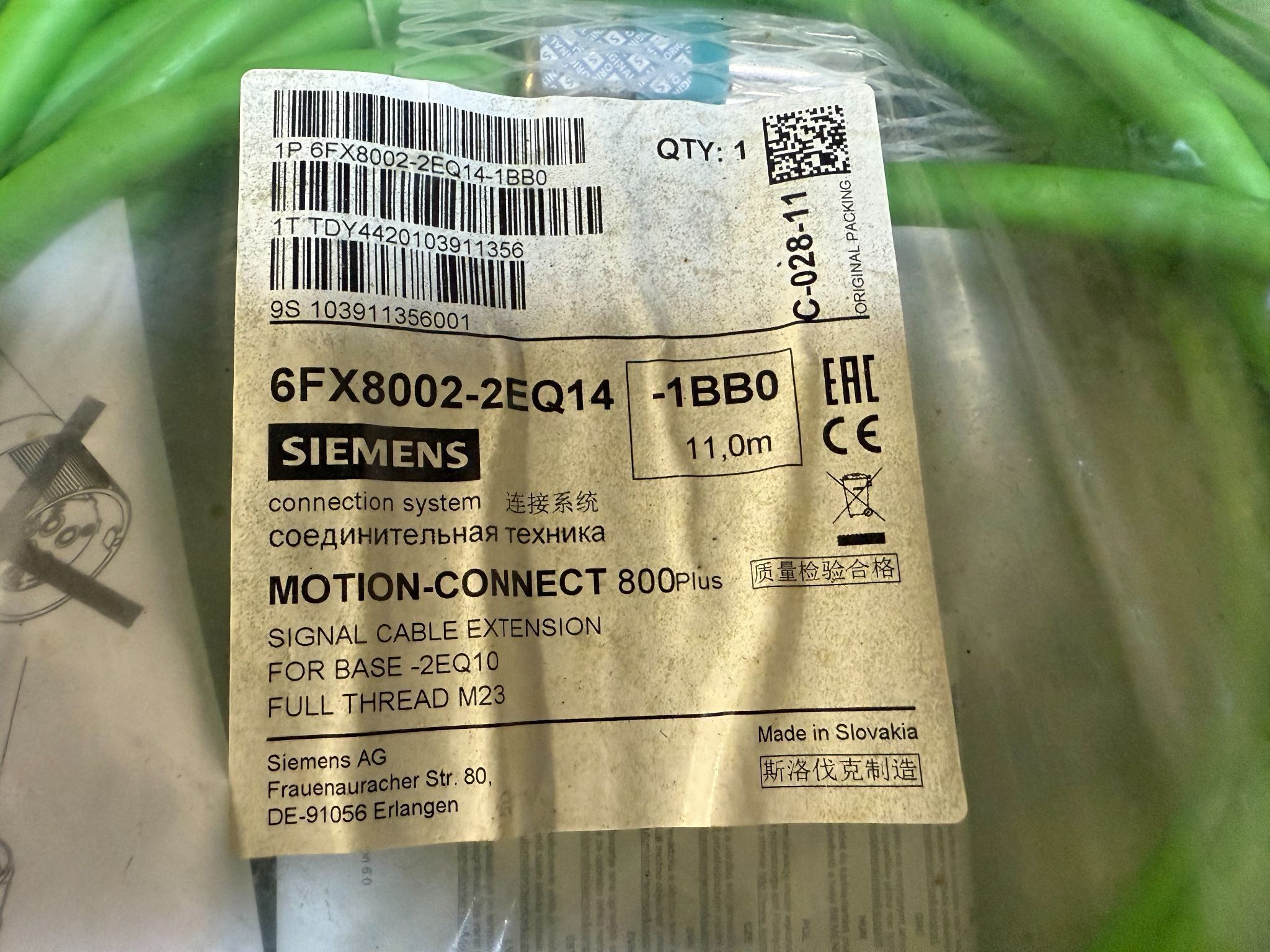 SIEMENS 6FX8002-2EQ14-1BB0 Motion‑Connect 800PLUS Signal Cable Extension (11m) NEW 1
