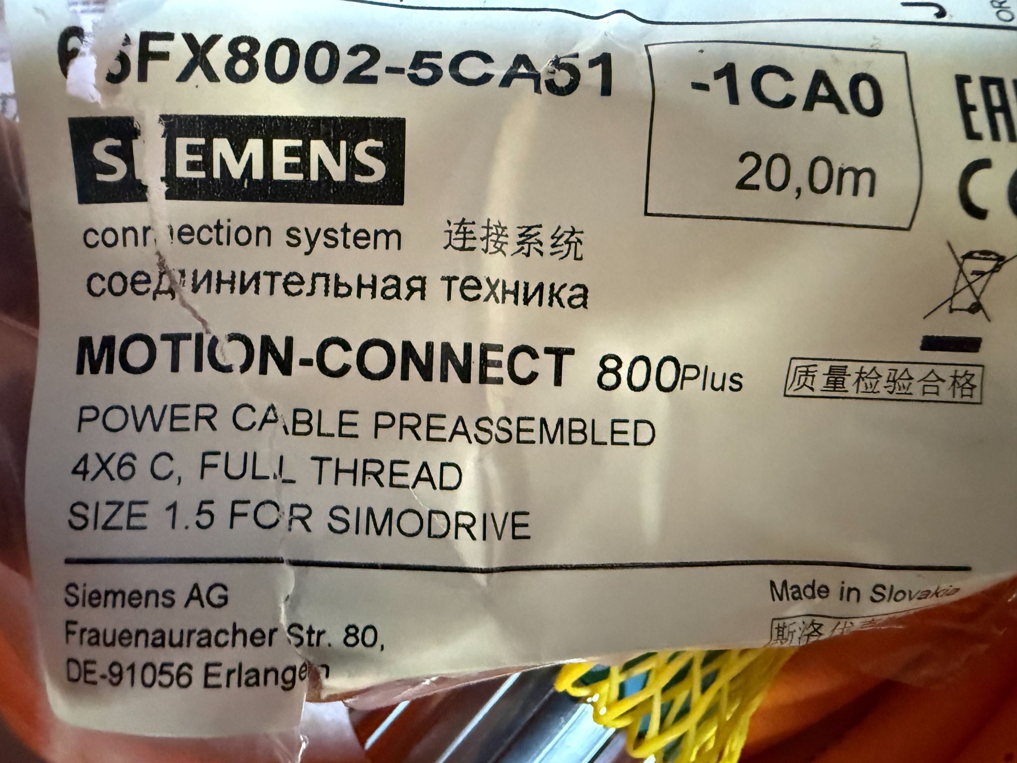 SIEMENS 6FX8002-5CA51-1CA0 MOTION-CONNECT 800Plus Power Cable (20m) NEW 2