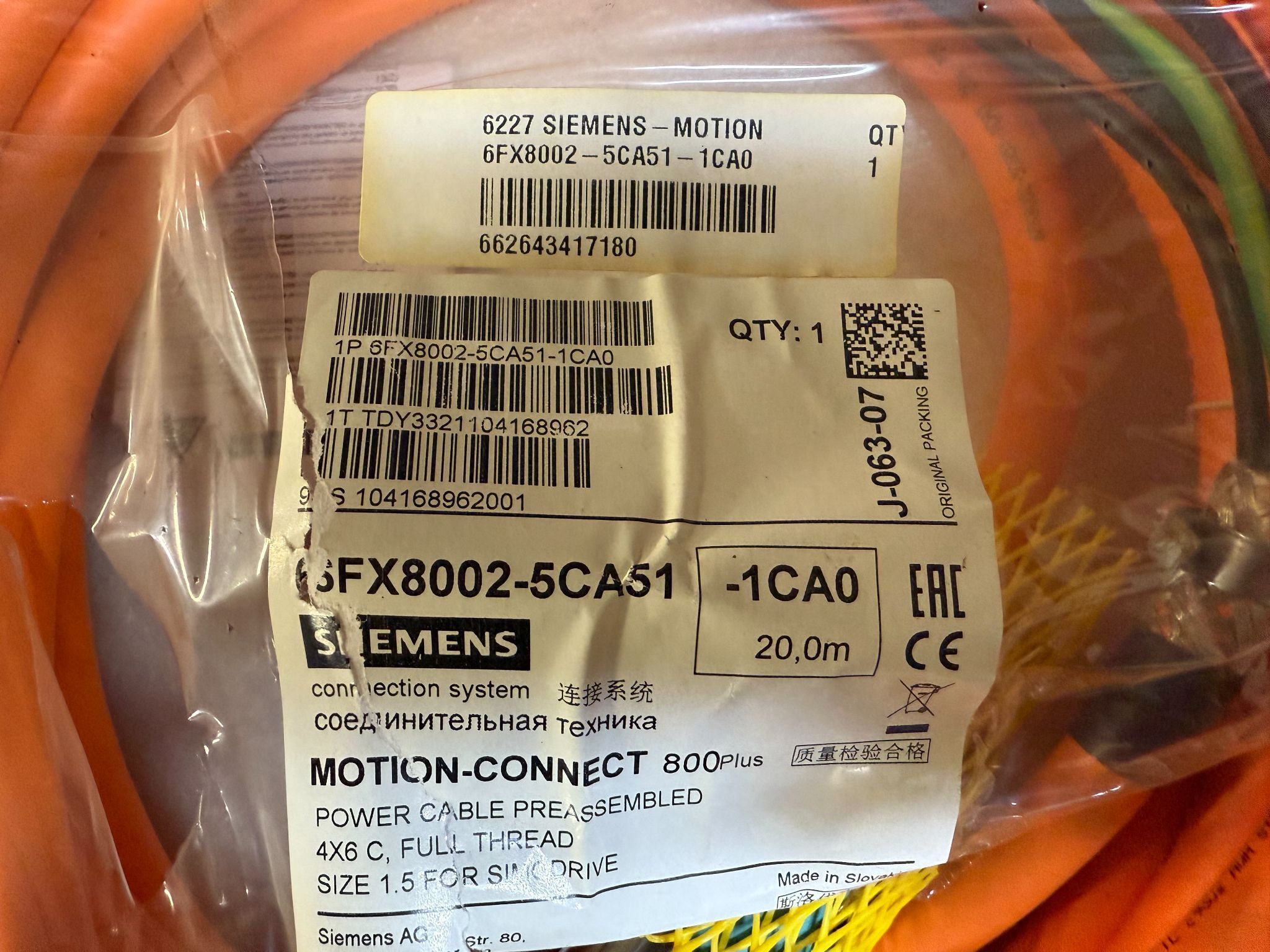 SIEMENS 6FX8002-5CA51-1CA0 MOTION-CONNECT 800Plus Power Cable (20m) NEW 3