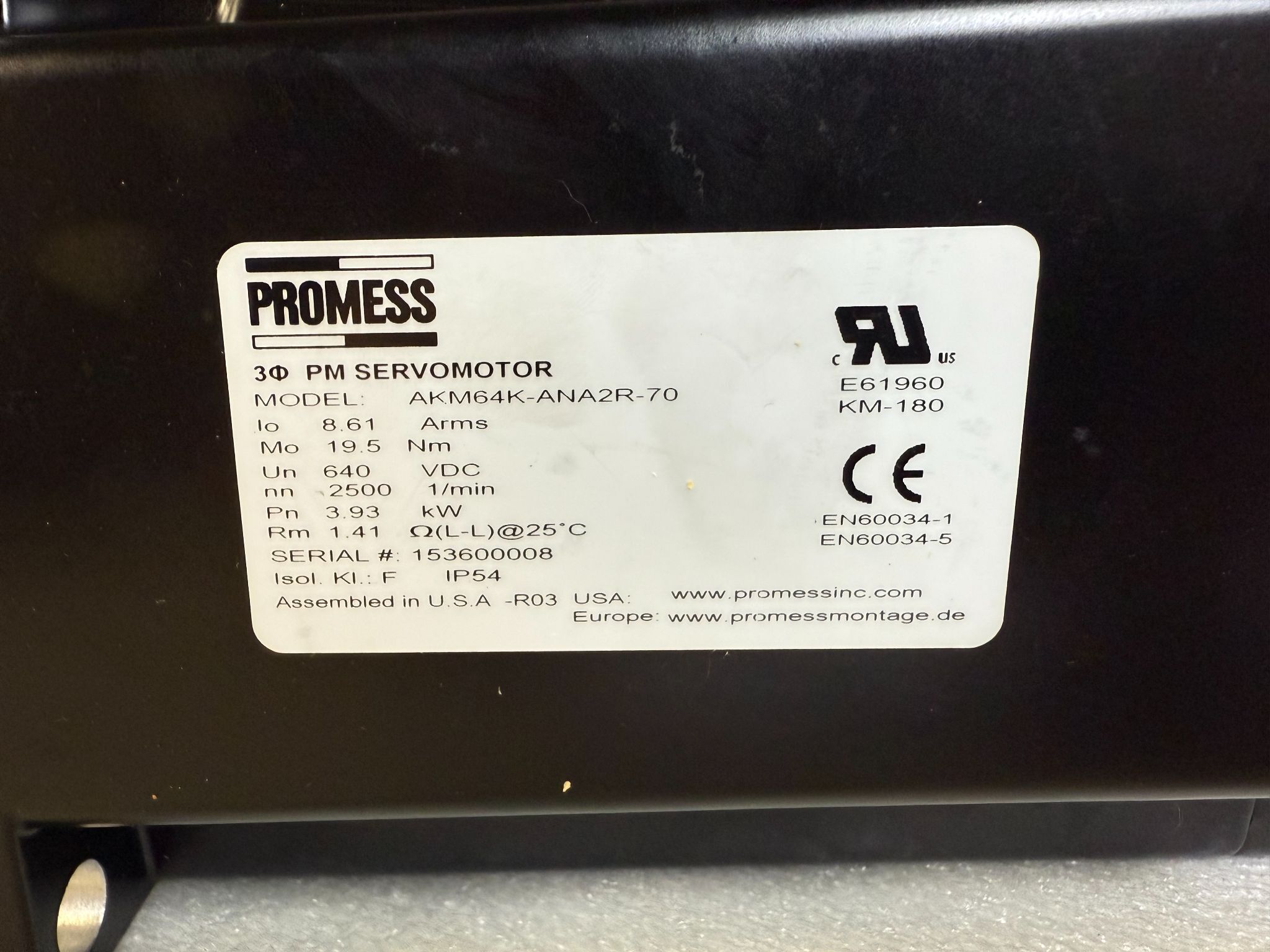 PROMESS AKM64K‑ANA2R‑70 3‑Phase PM Servo Motor NEW 3