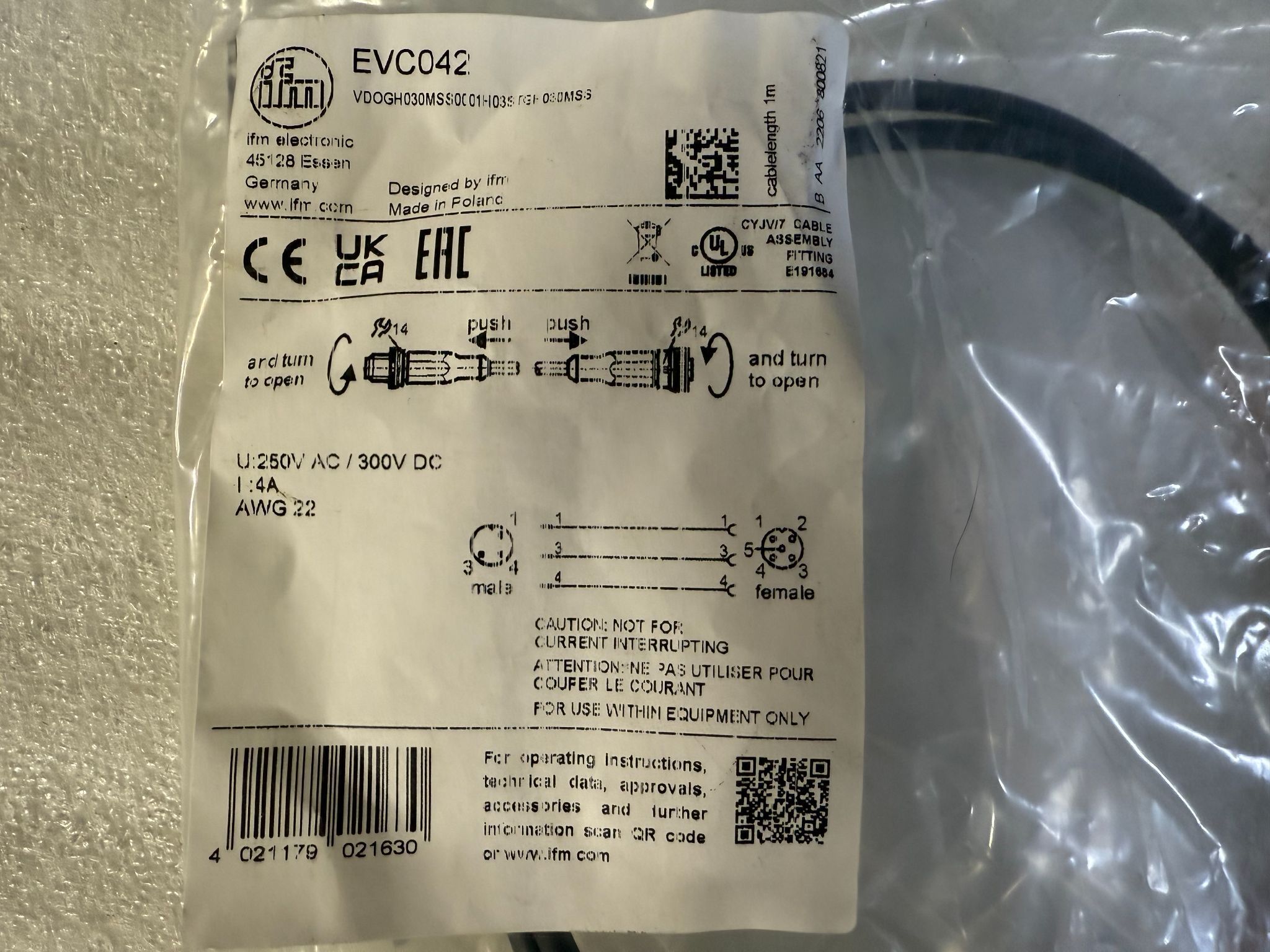 IFM EVC042 Connection Cable NEW 1