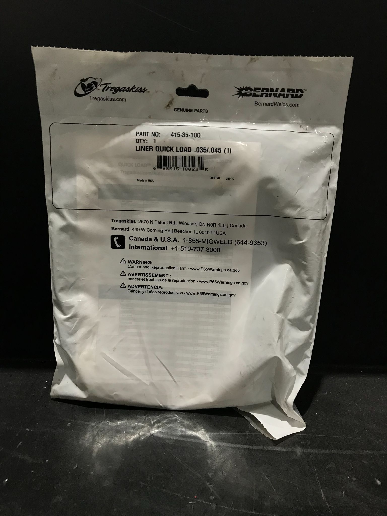 TREGASKISS 415-35-10Q MIG Gun Liner 0.035-0.045 NEW 1