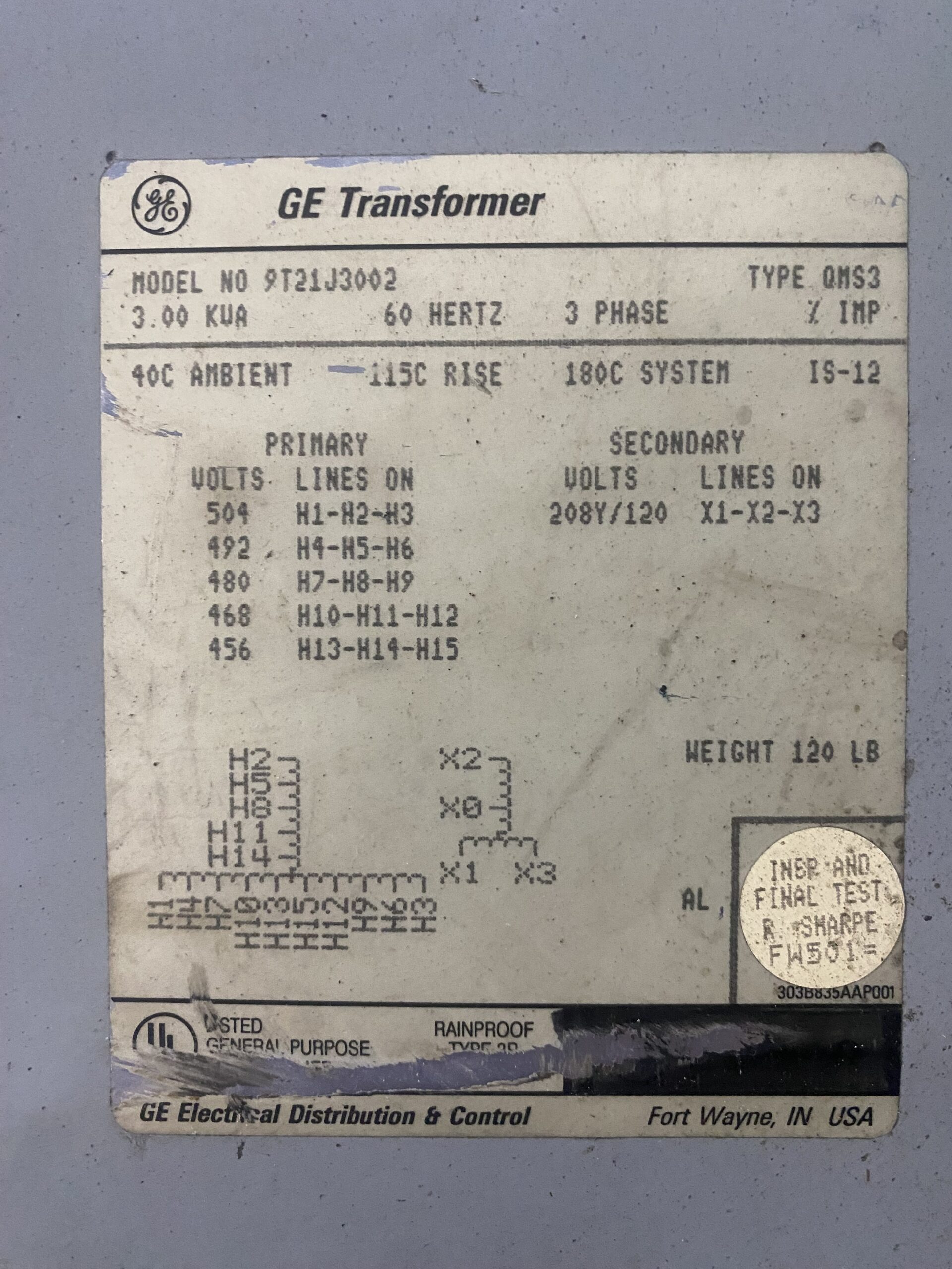 GENERAL ELECTRIC 9T21J3002 Transformer 480V - 208Y/120V, 3kVA USED 1