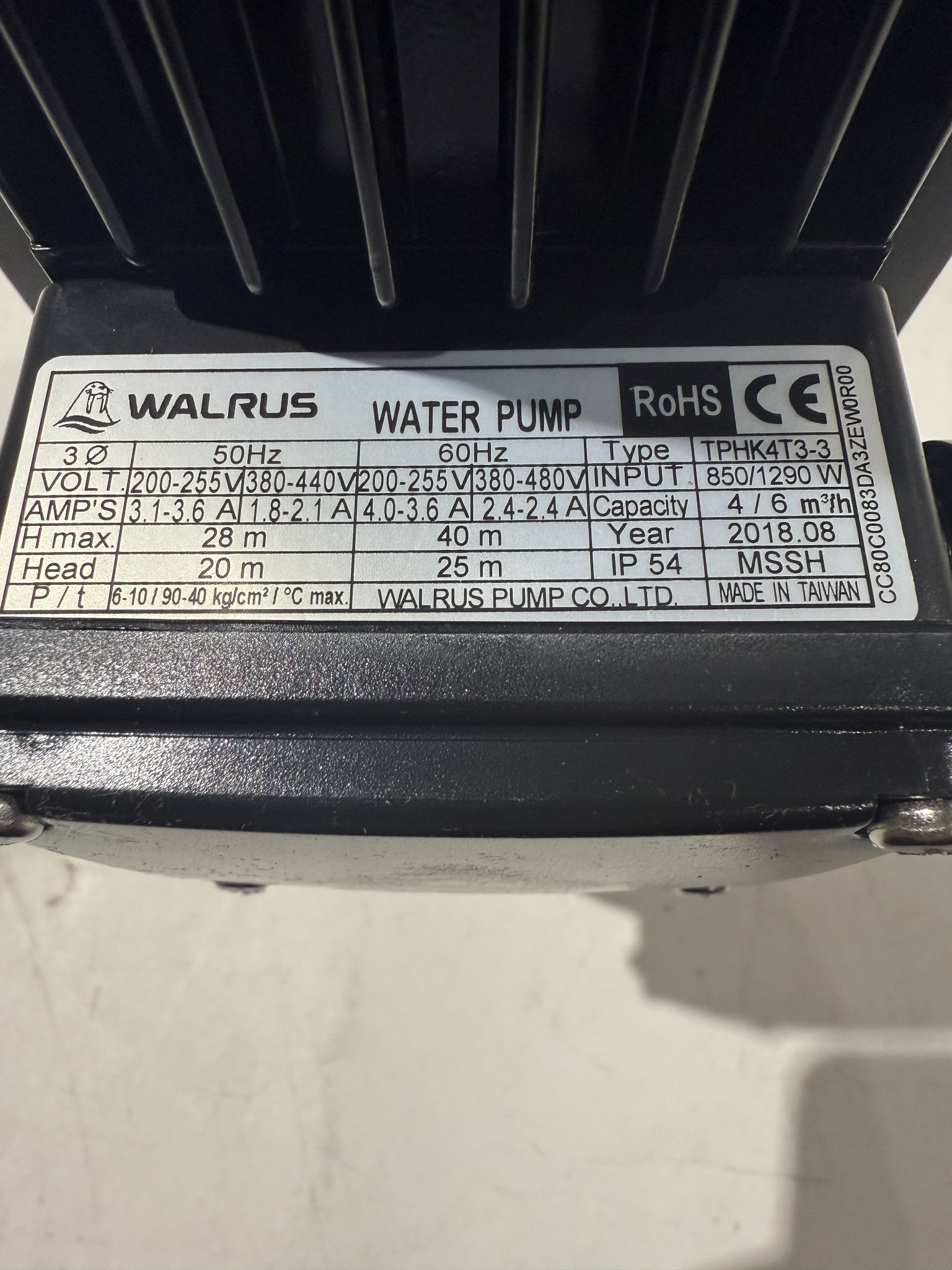 Walrus TPHK4T3-3 Coolant Pump 3 Phase 480V NEW 7