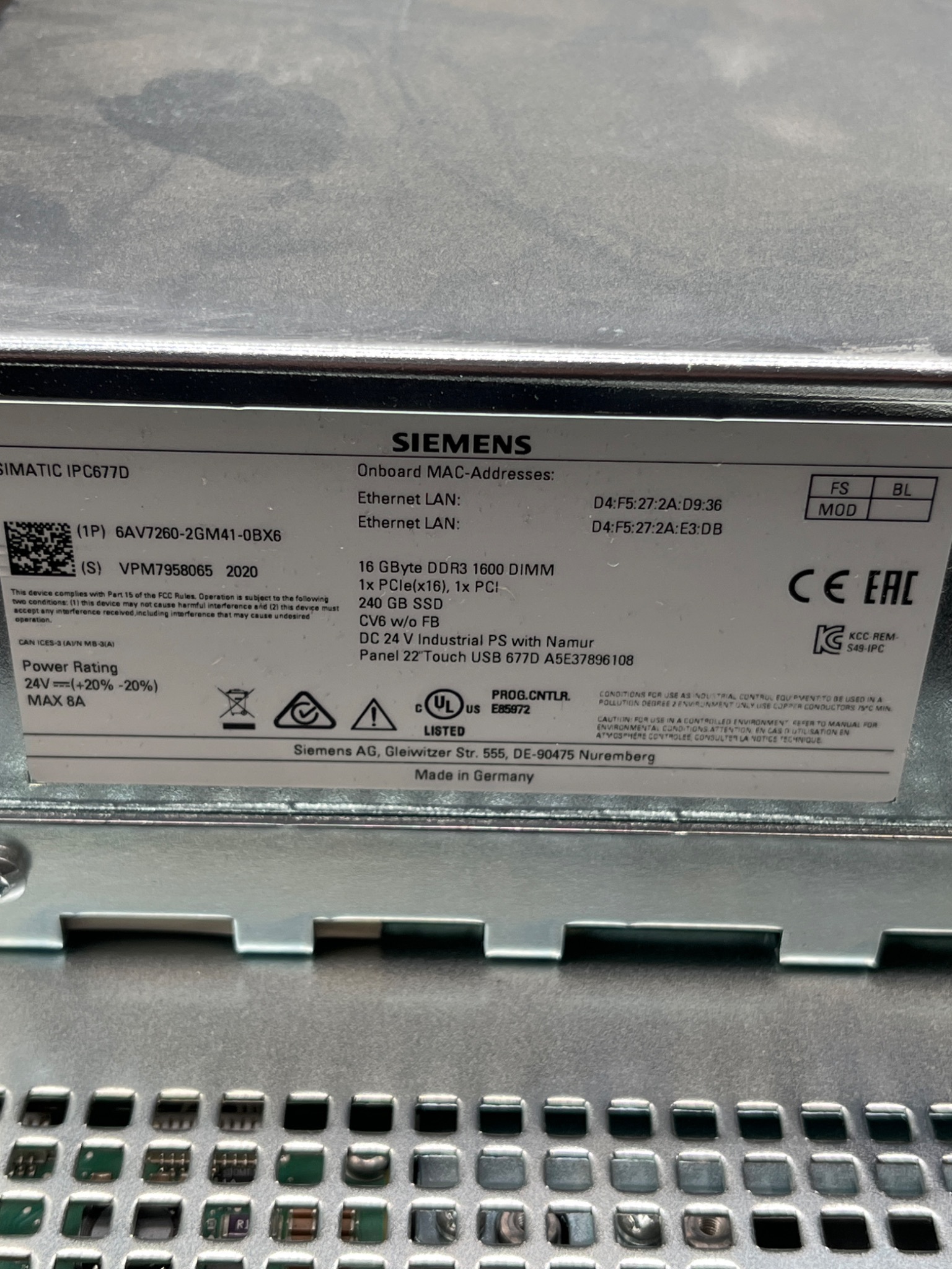 SIEMENS 6AV7260‑2GM41‑0BX6 SIMATIC IPC677D 22" Touch Panel PC USED 8