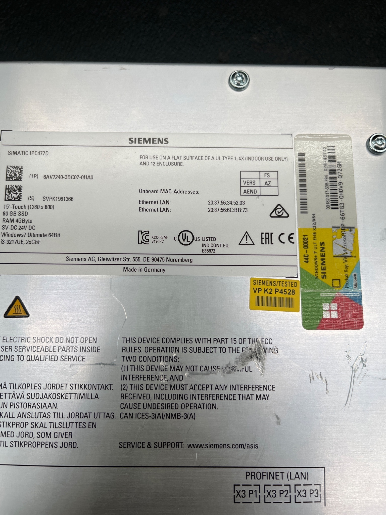 SIEMENS 6AV7240‑3BC07‑0HA0 SIMATIC IPC477D 15" Touch Panel PC USED 4
