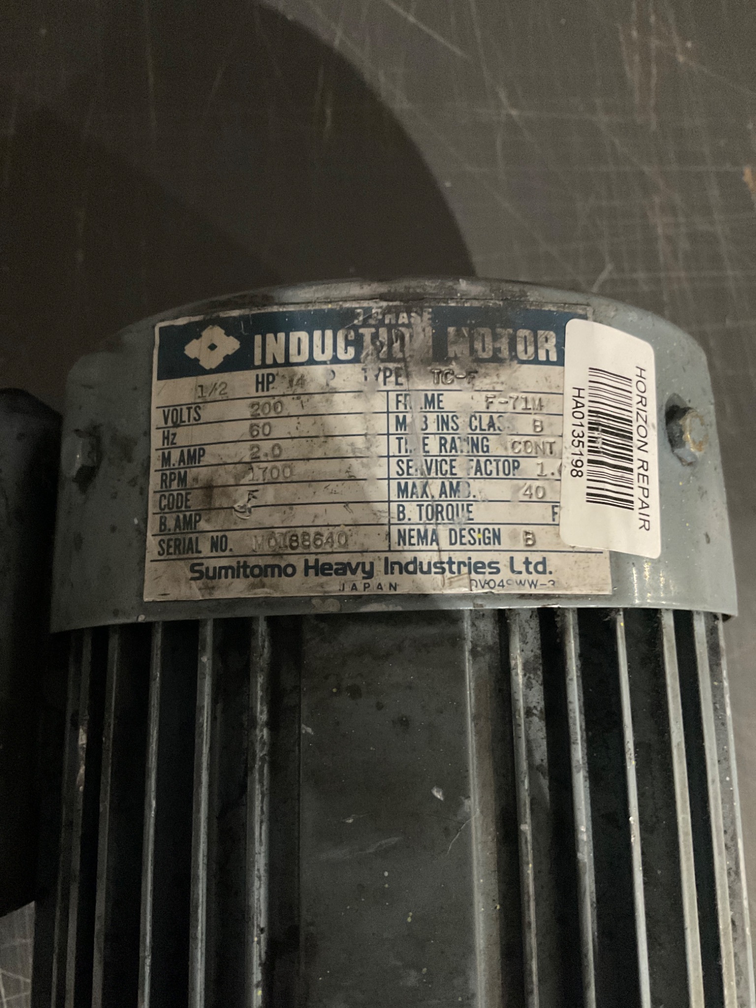 SUMITOMO TC-F Induction Gearmotor 1/2HP 200V USED 1