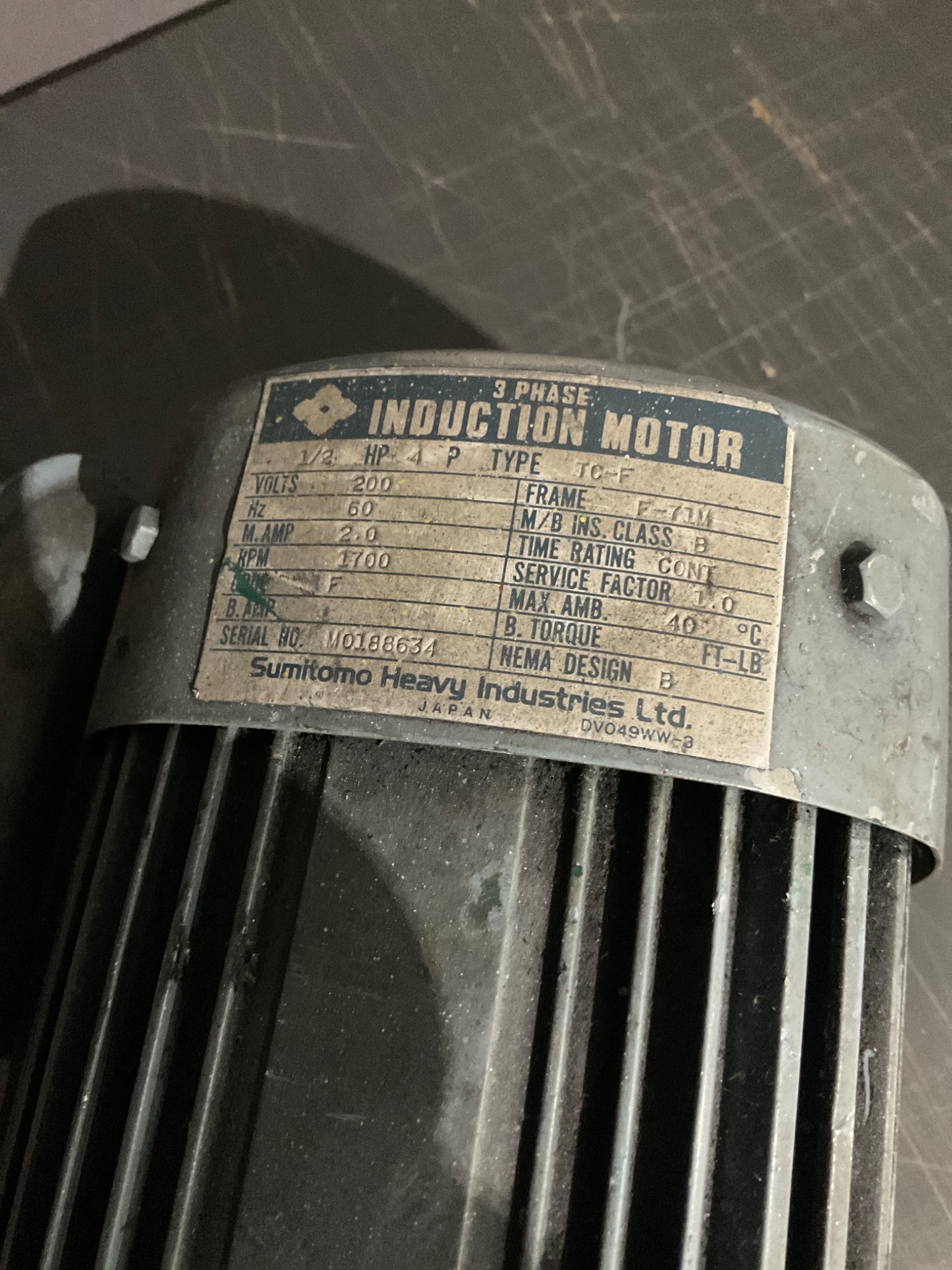 SUMITOMO TC-F Induction Gearmotor 1/2HP 200V USED 2