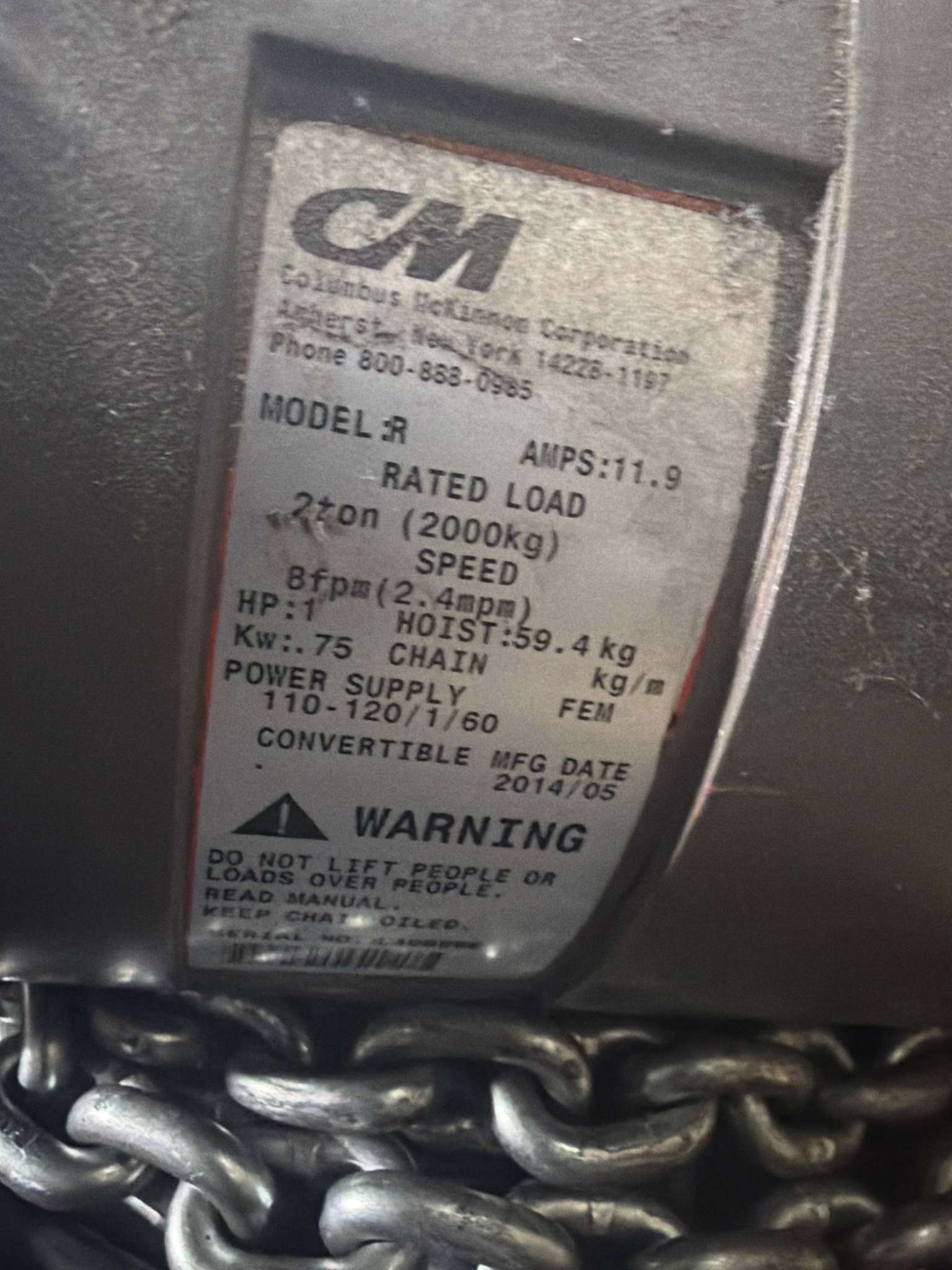 COLUMBUS MCKINNON MODEL R ELECTRIC CHAIN HOIST 2 TON 115V USED 4