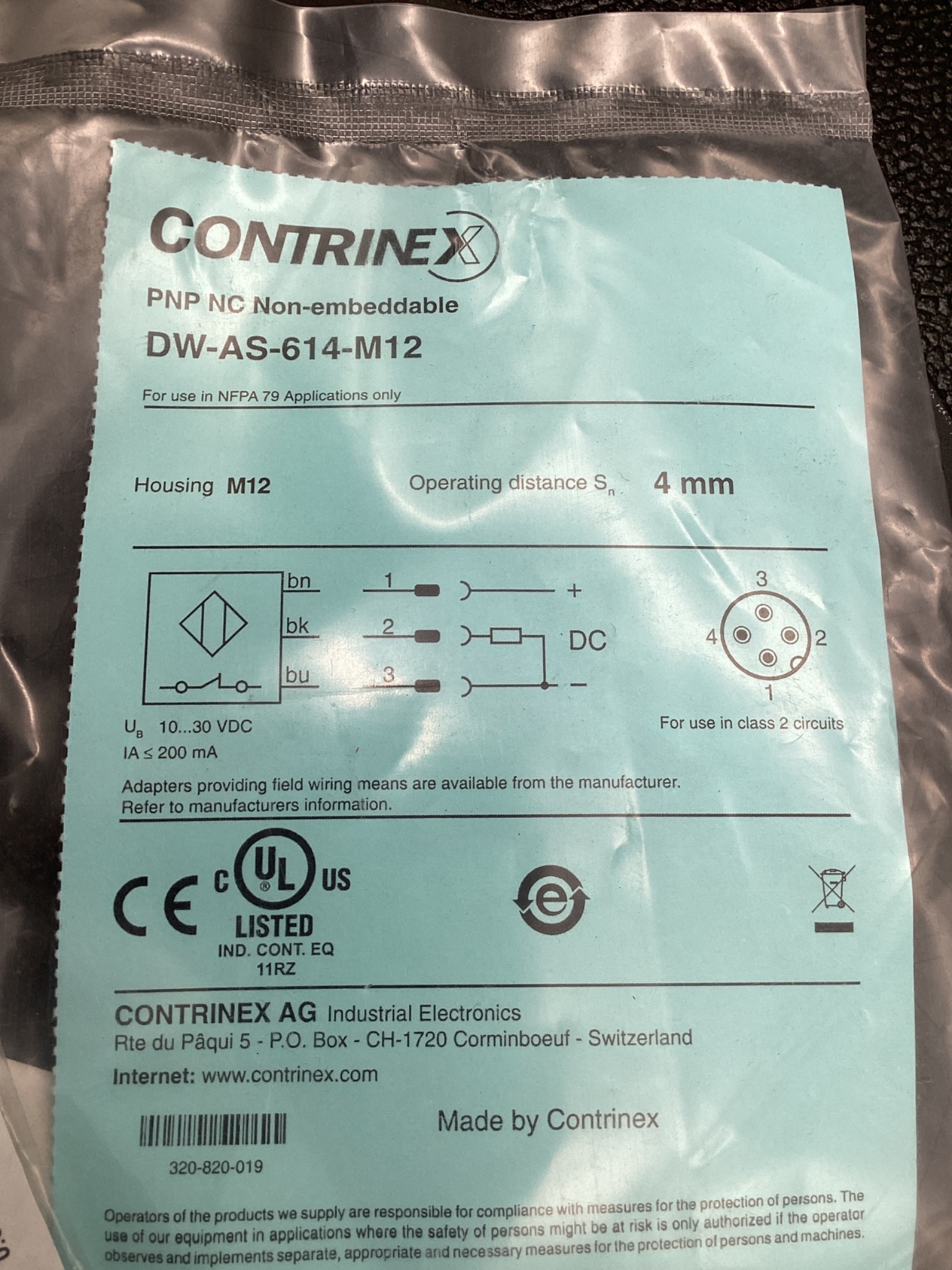 CONTRINEX DW-AS-614-M12 Inductive Proximity Sensor 4mm PNP NO NEW 3