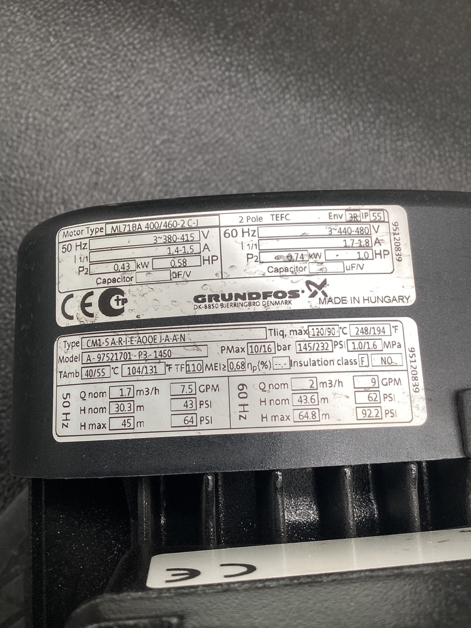 GRUNDFOS ML71BA400/460-2C-J 0.58HP Electric Motor Pump NEW 6