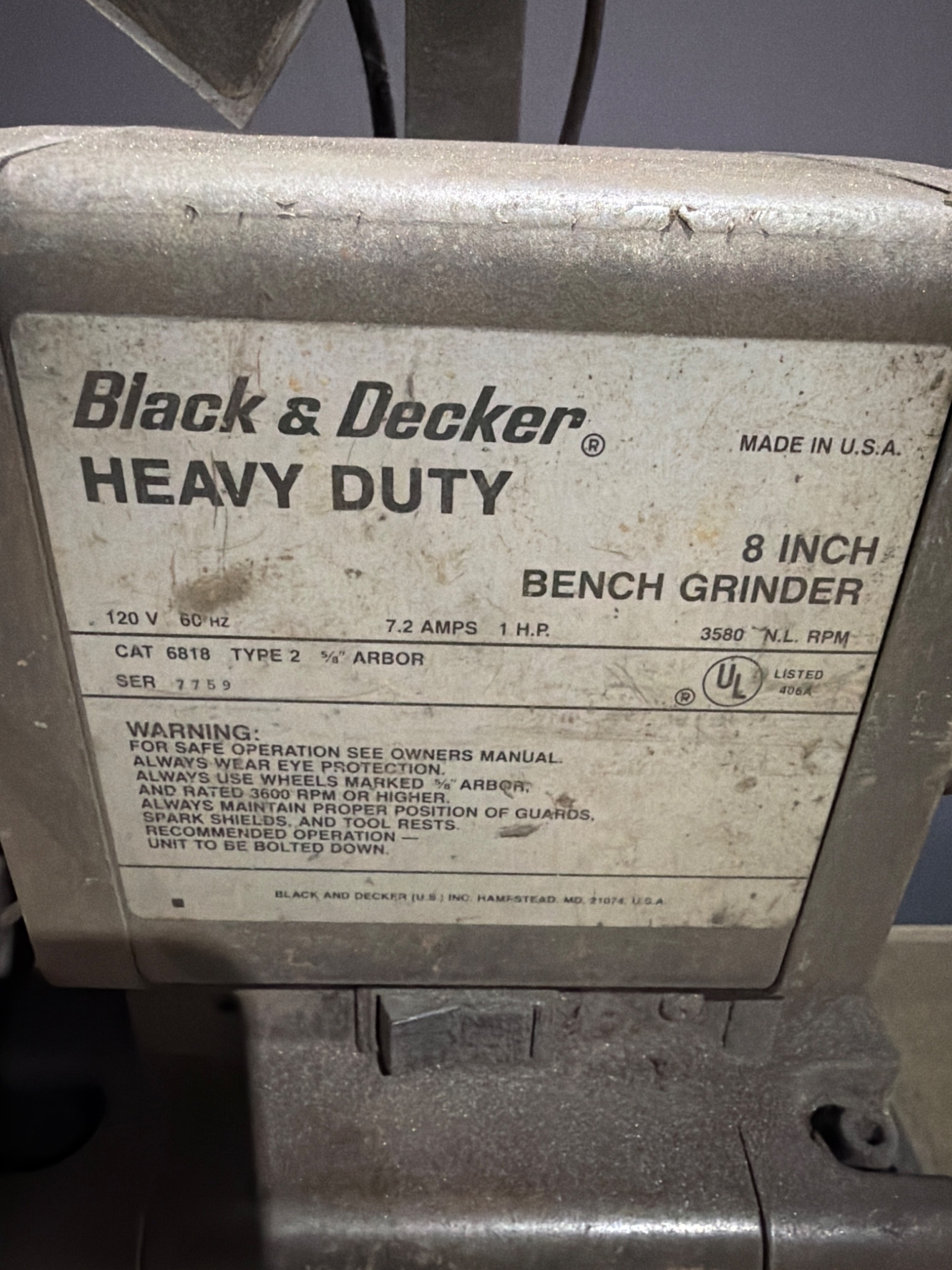 BLACK & DECKER 6818 8 Inch Bench Grinder 1HP USED 6
