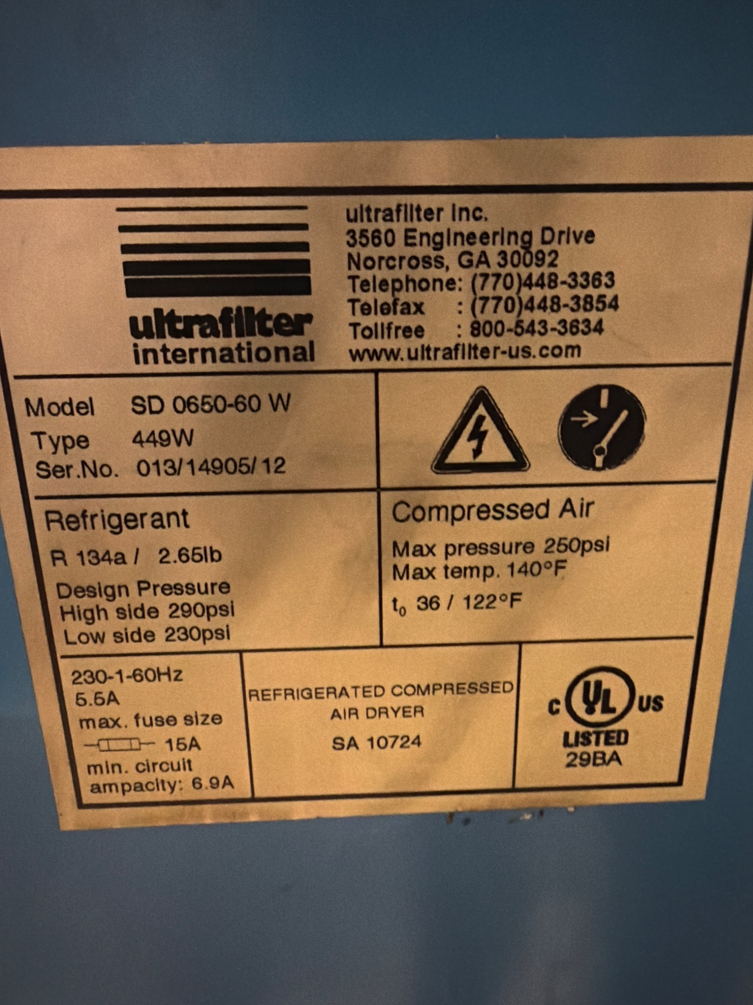 Ultrafilter SD 0650-60 Refrigerated Compressed Air Dryer USED 6