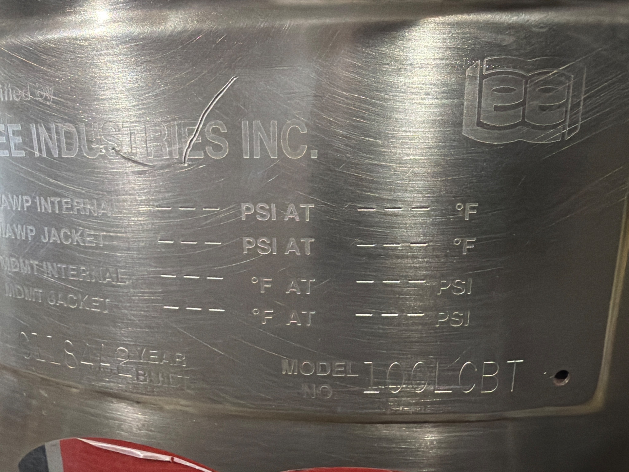 LEE INDUSTRIES 100LCBT Jacketed Pressure Vessel Tank USED 5