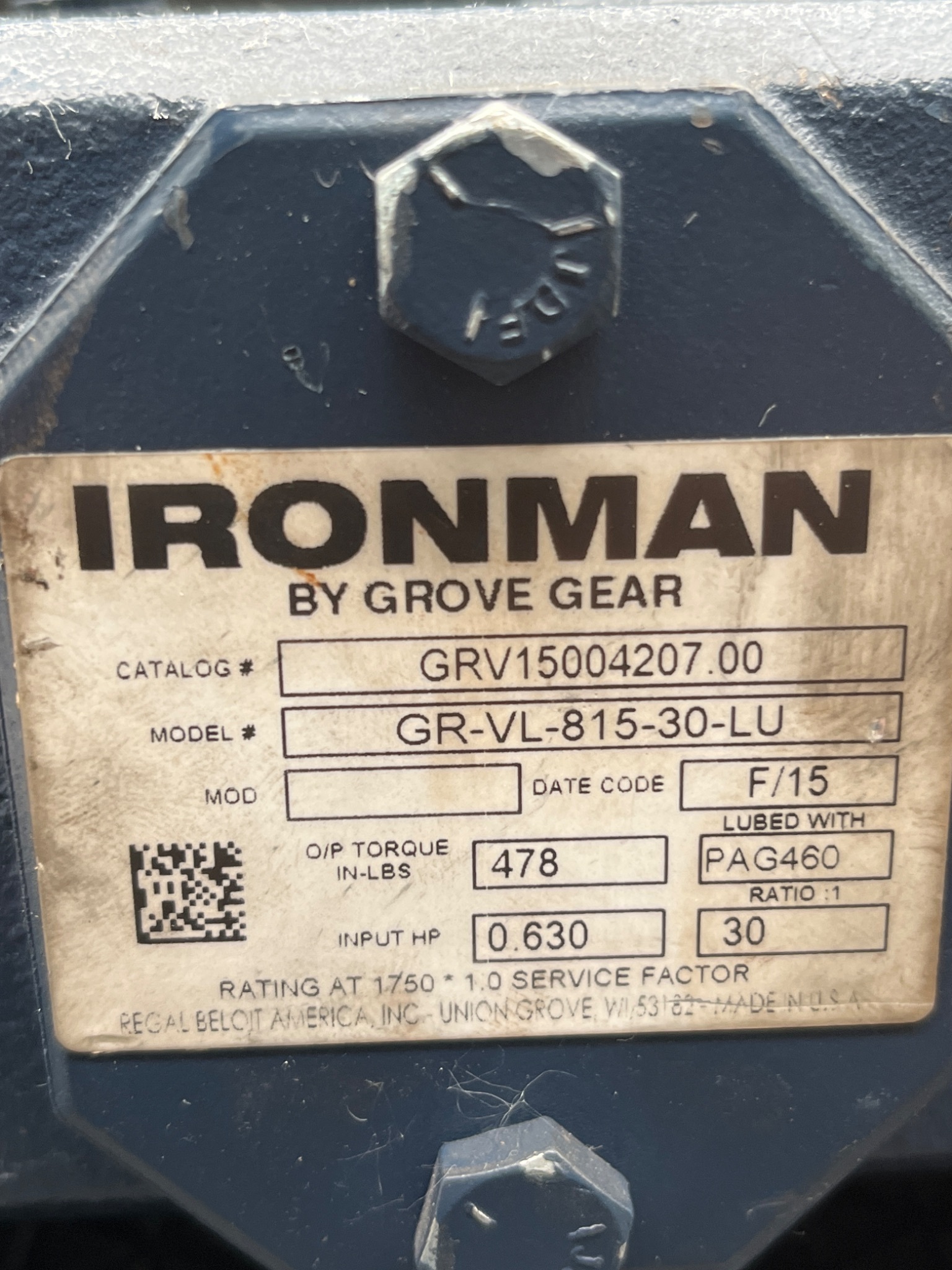 GROVE GEAR GR-VL-815-30-LU Gear Reducer USED 4