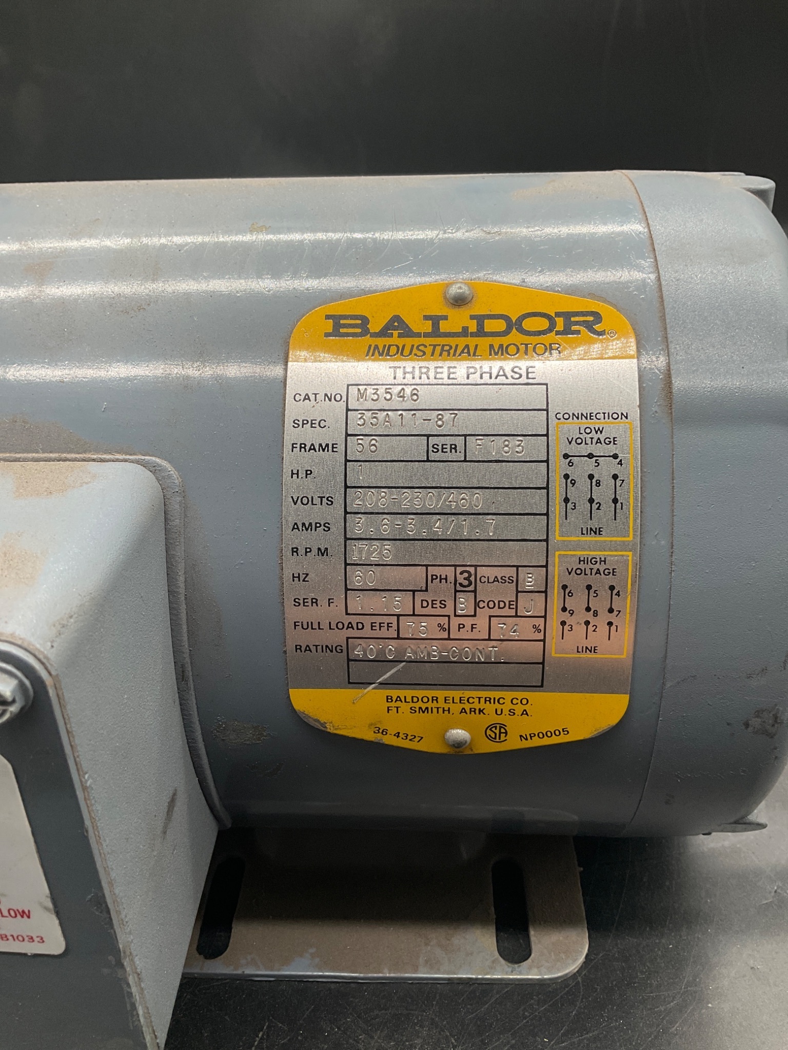 BALDOR M3546 1HP 3PH 1725RPM Motor USED 4
