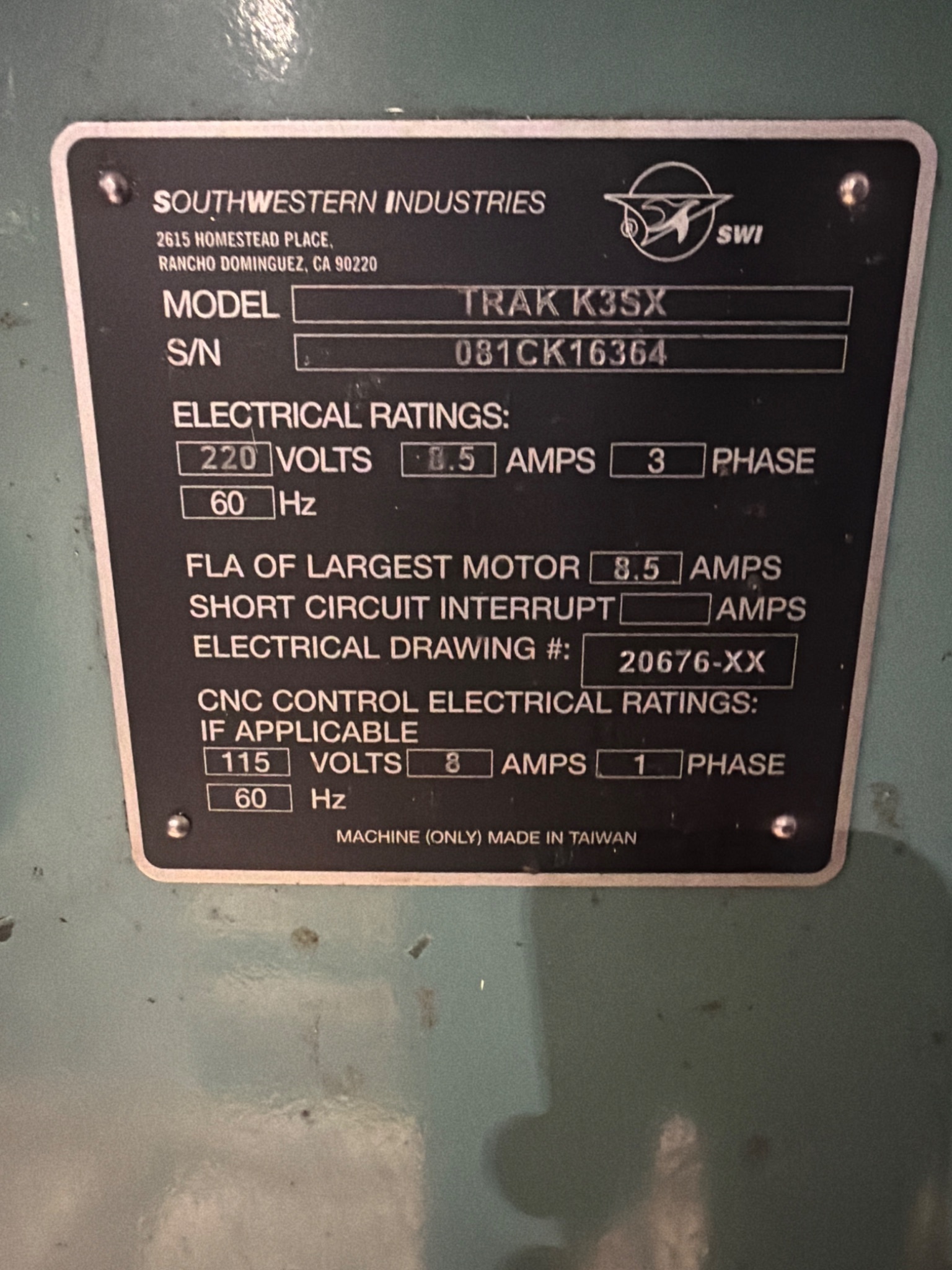 SOUTHWESTERN INDUSTRIES TRAK K3SX CNC Vertical Mill 3PH 220V USED 7