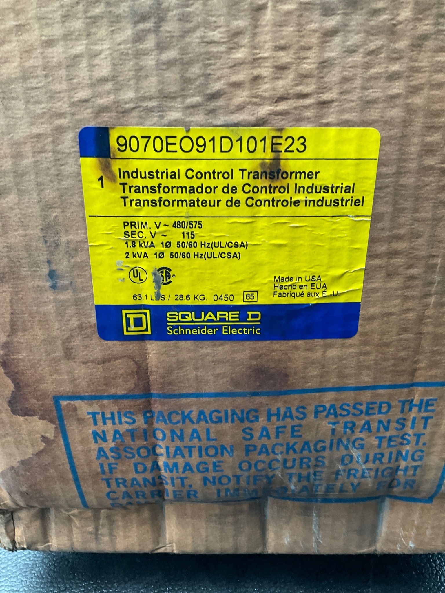 SQUARE D 9070E091D101E23 Control Transformer 480/575V 1.8VA - NEW 1