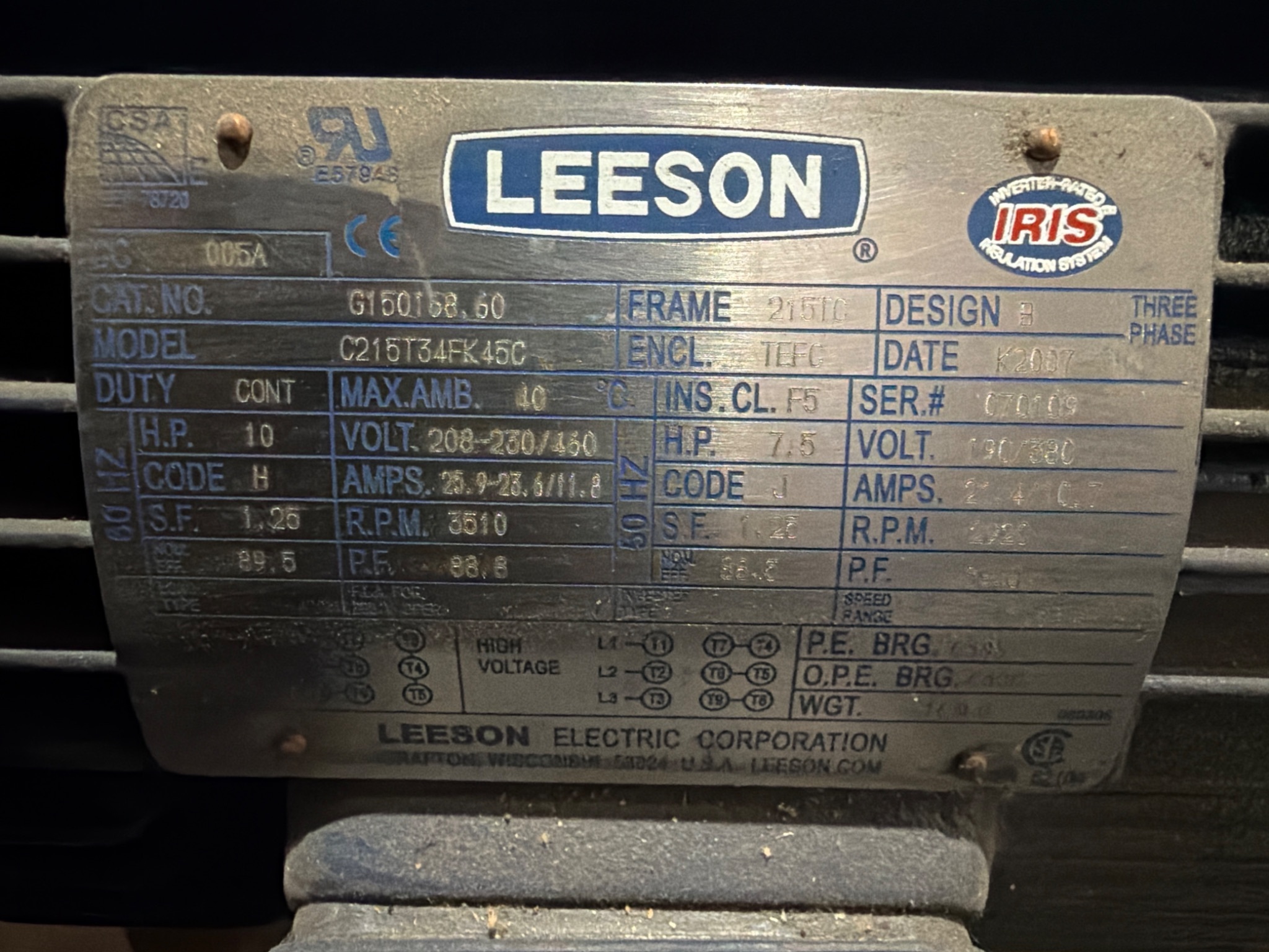 LEESON C215T34FK45C 10 HP 3-Phase Electric Motor NEW 4