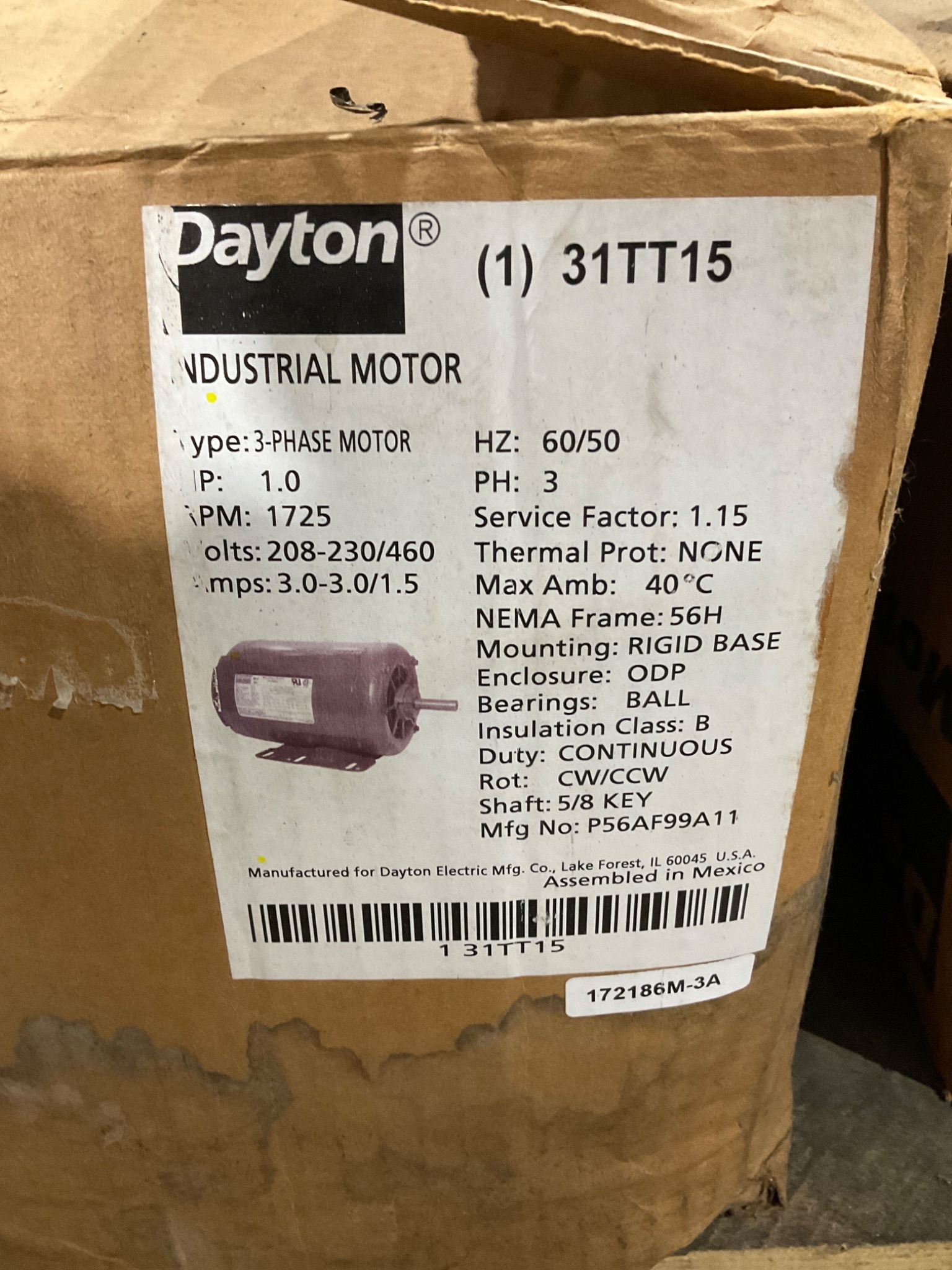 DAYTON 31TT15 3PH General Purpose Motor, 1HP / 1800 RPM / 56H - NEW 0