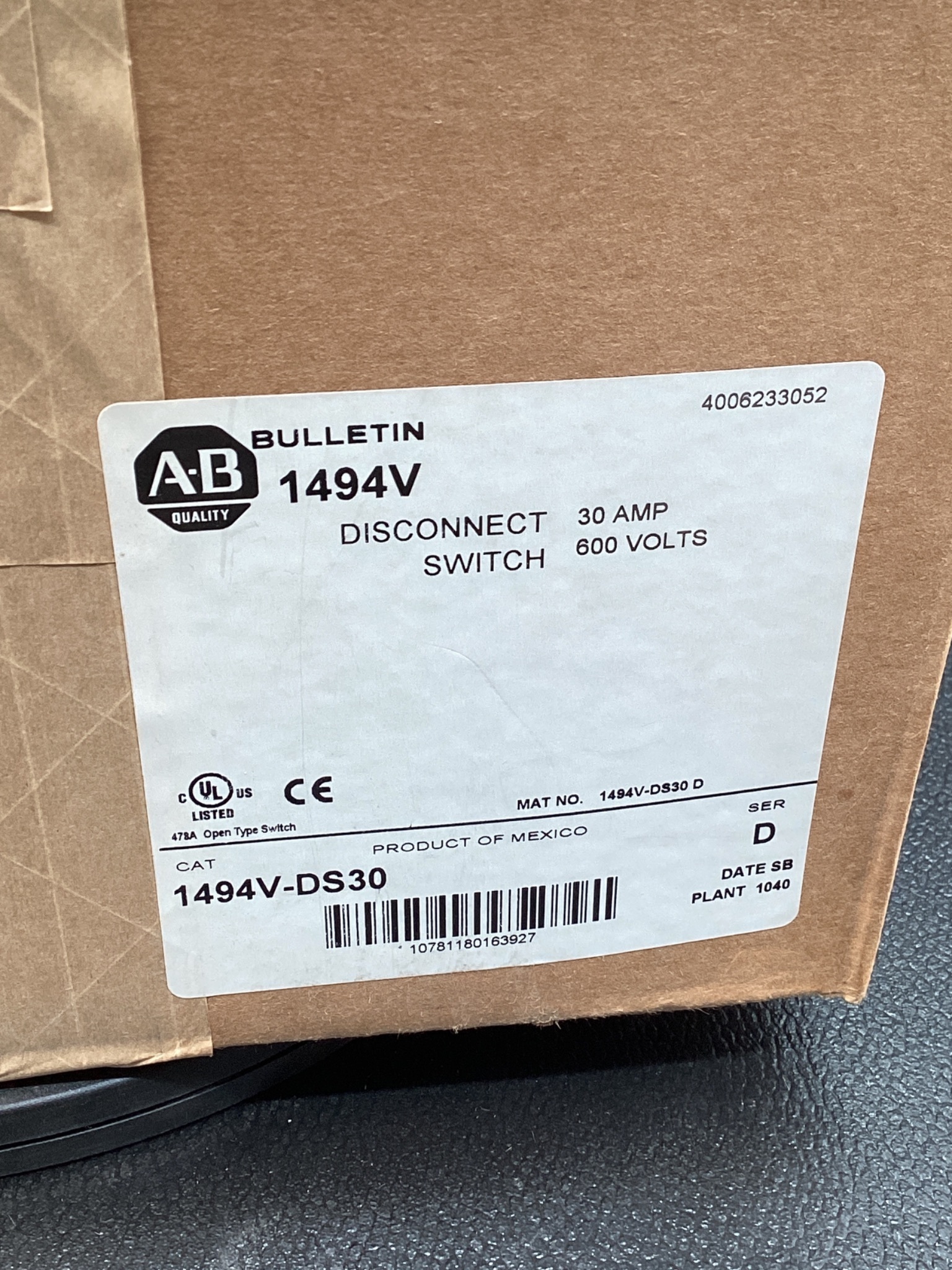 Allen-Bradley 1494V-DS30 Disconnect Switch 30A 600V NEW 3