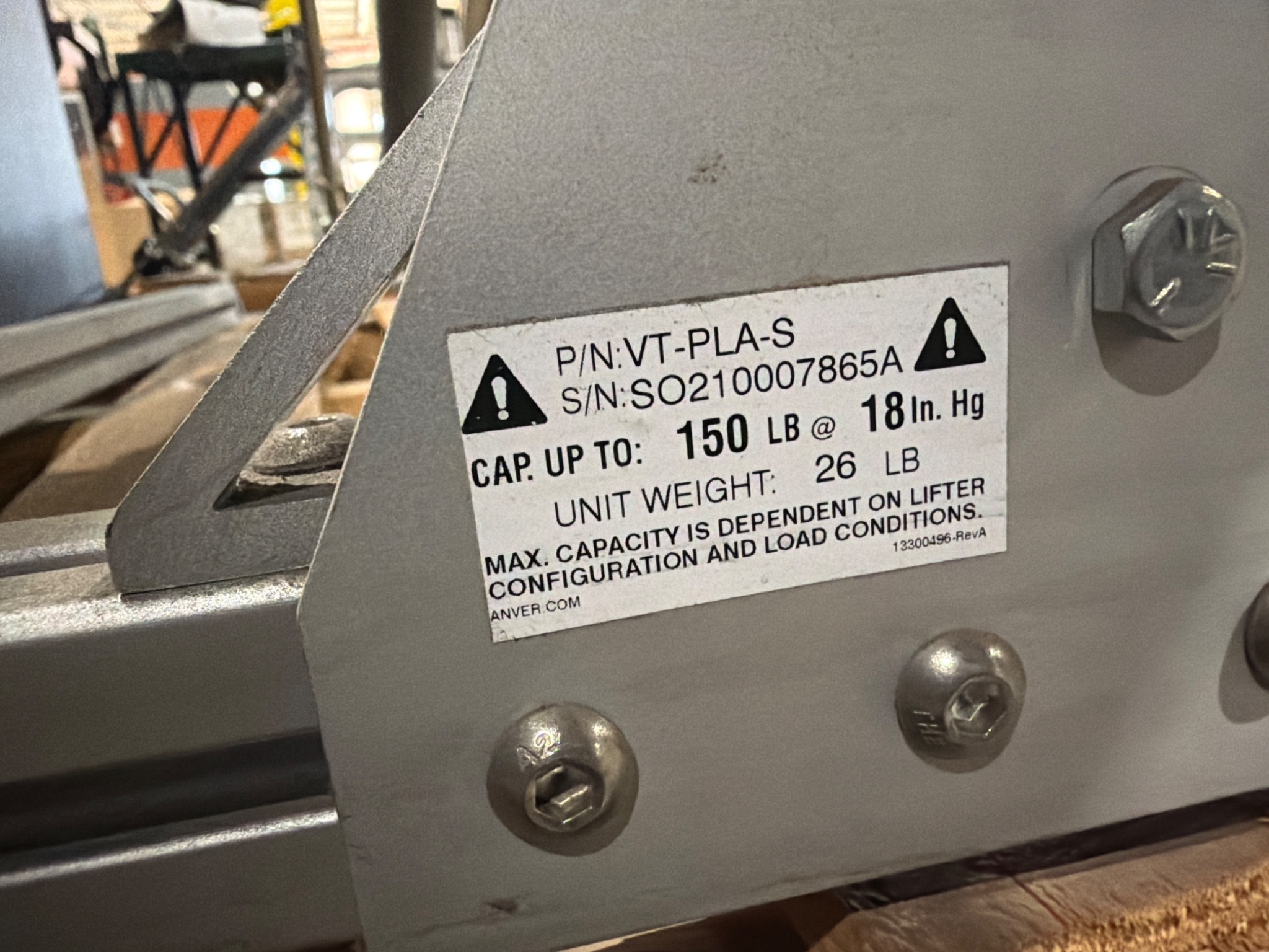 Anver VT-PLA-S Vacuum Lifting Device 150 lb Capacity USED 4