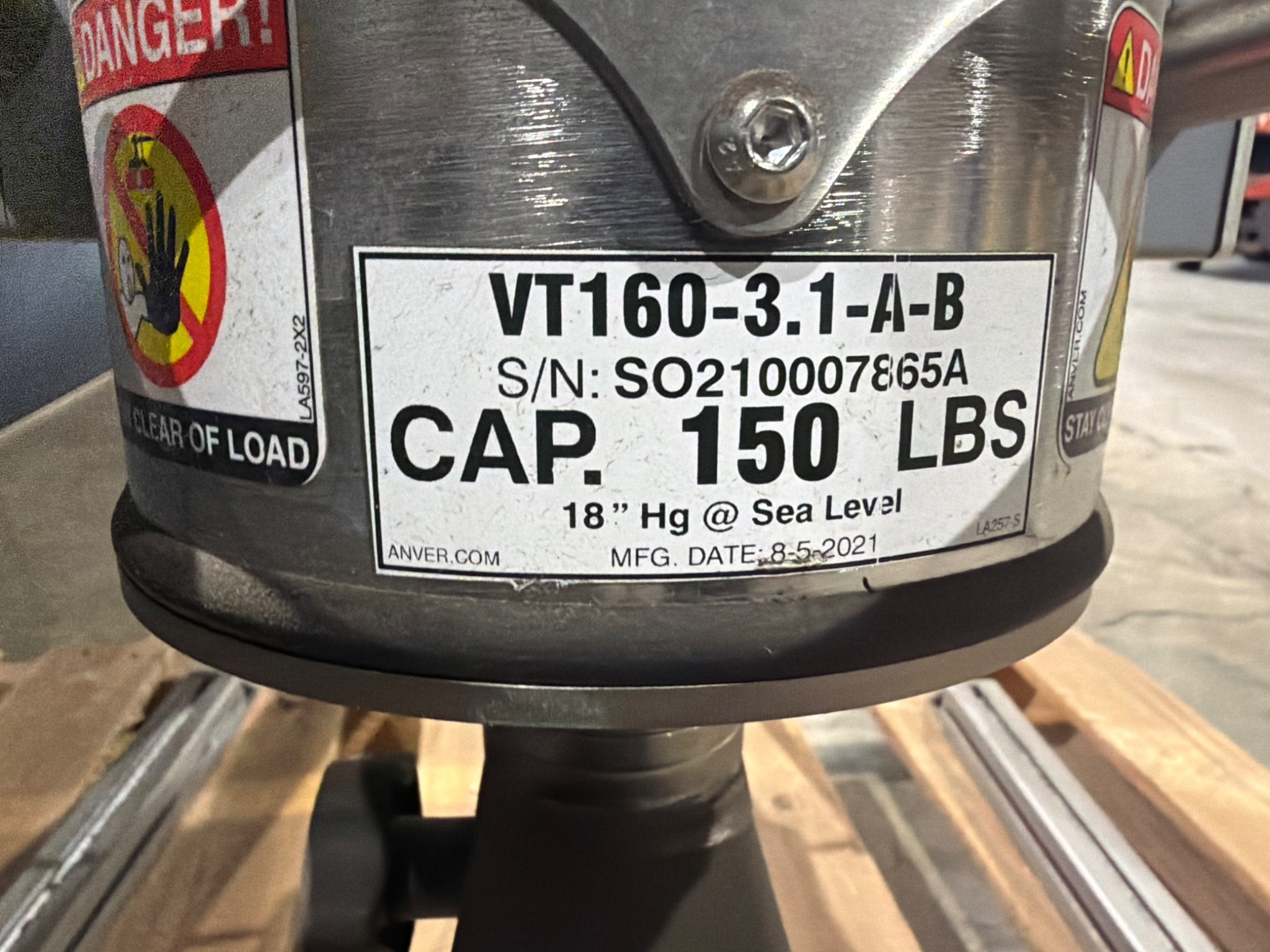 Anver VT-PLA-S Vacuum Lifting Device 150 lb Capacity USED 5