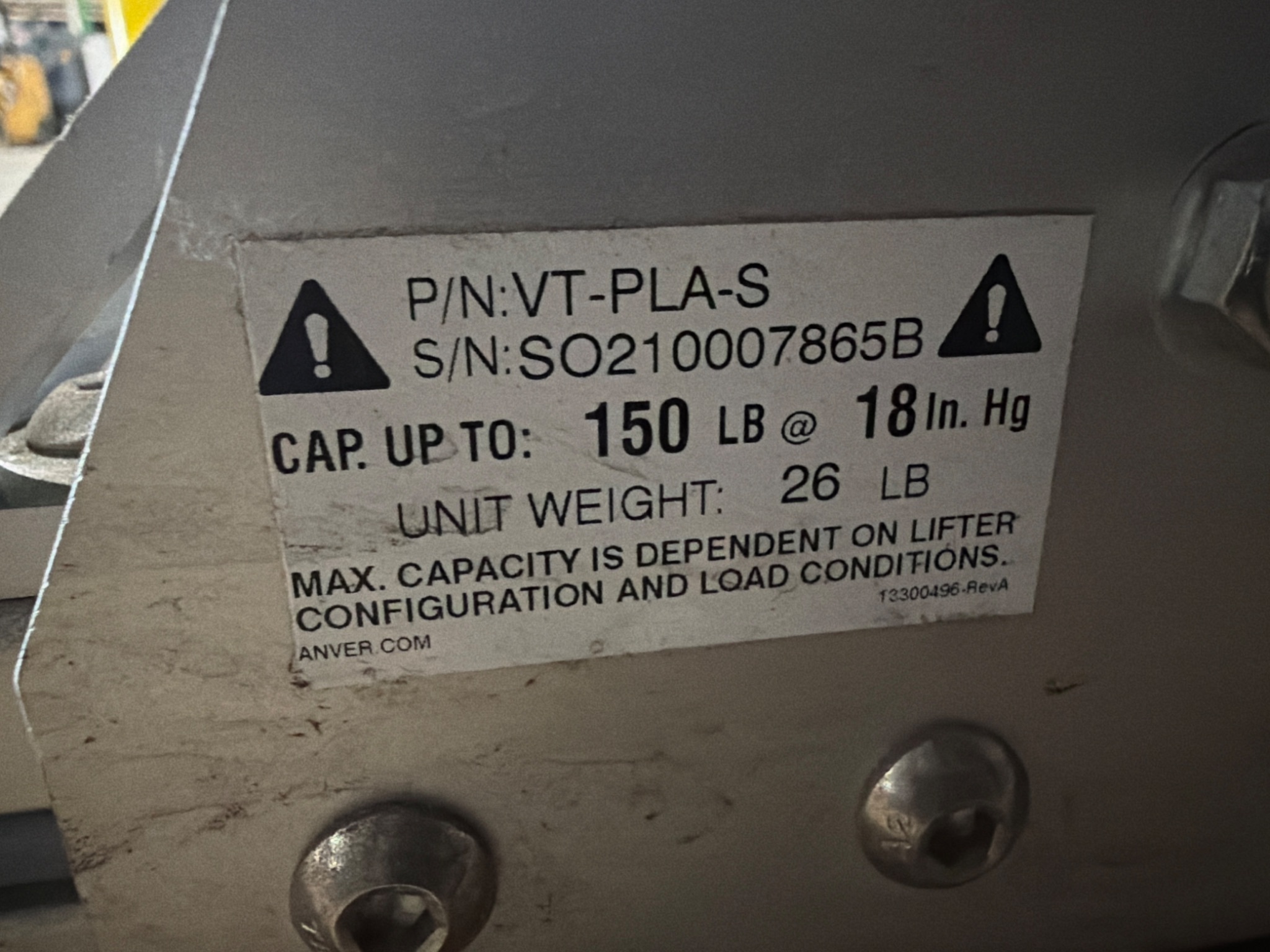 Anver VT-PLA-S Vacuum Lifting Device 150 lb Capacity USED 4