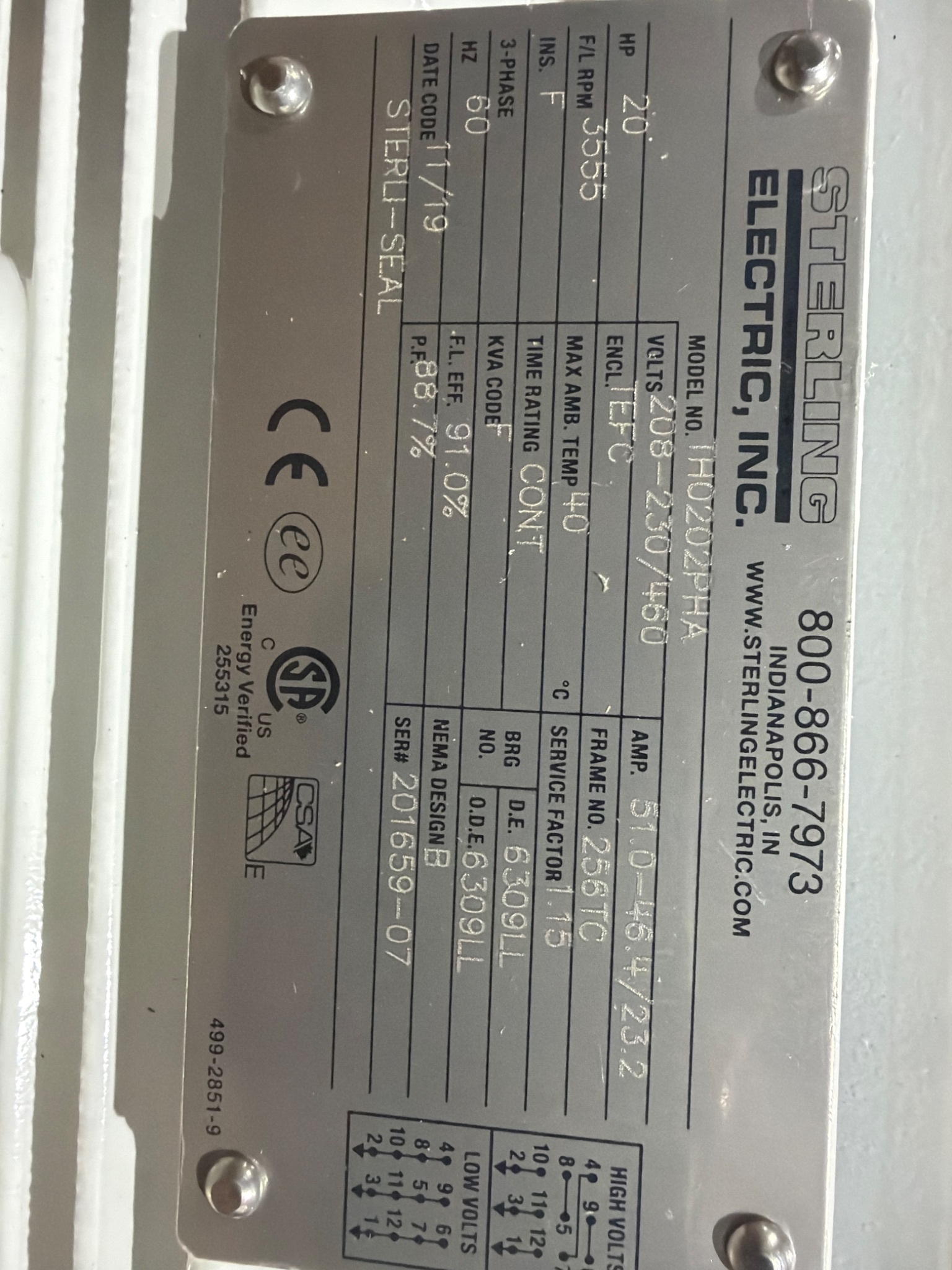 Sterling Electric TH0202PHA 20 HP 3 Phase Severe Duty Motor NEW 6