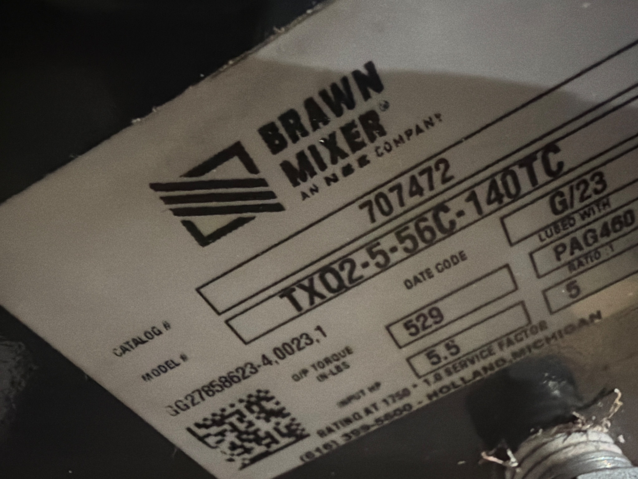 Brawn Mixer TXQ2-5-56C-140TC Top Entry Mixer/Agitator Gear Drive Assembly USED 5