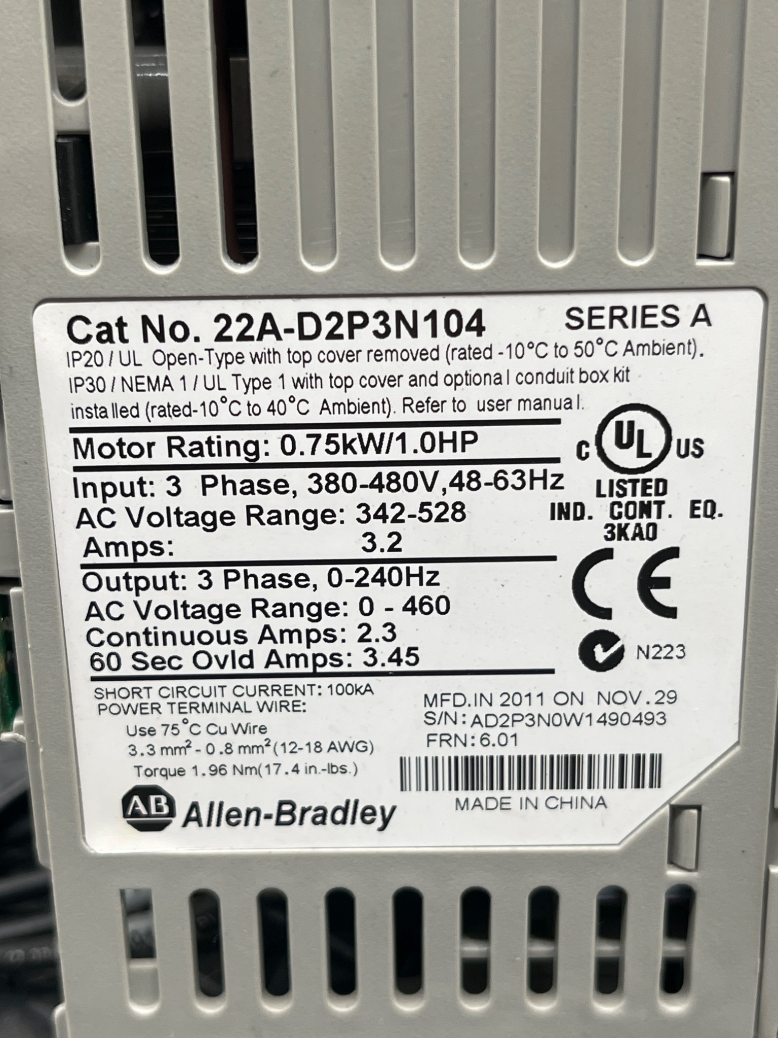Allen‑Bradley 22A-D2P3N104 PowerFlex 4 AC Drive 1 HP USED 5