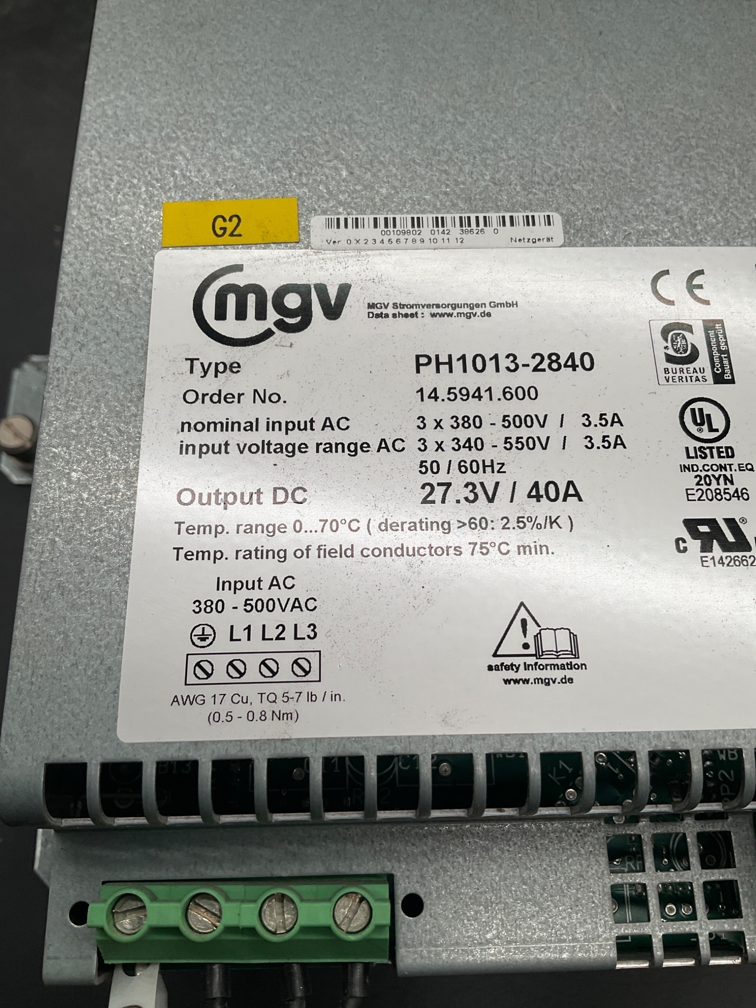 MGV PH1013-2840 Industrial Power Supply 27.3VDC 40A USED 6