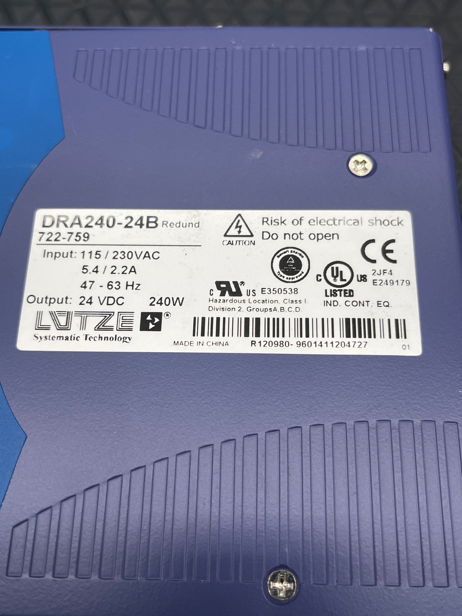Lutze DRA240-24B Industrial Power Supply 24VDC 240W USED 5