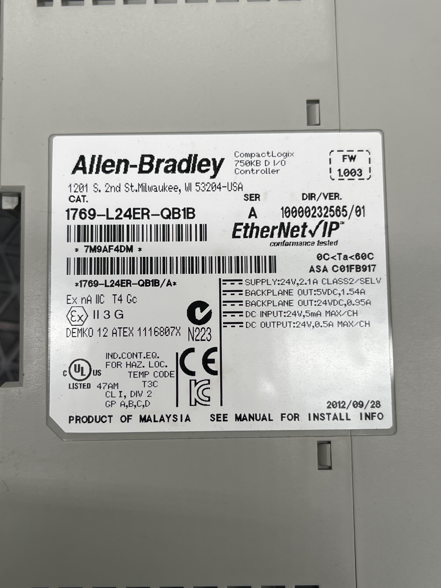Allen‑Bradley 1769-L24ER-QB1B CompactLogix PLC Controller USED 7
