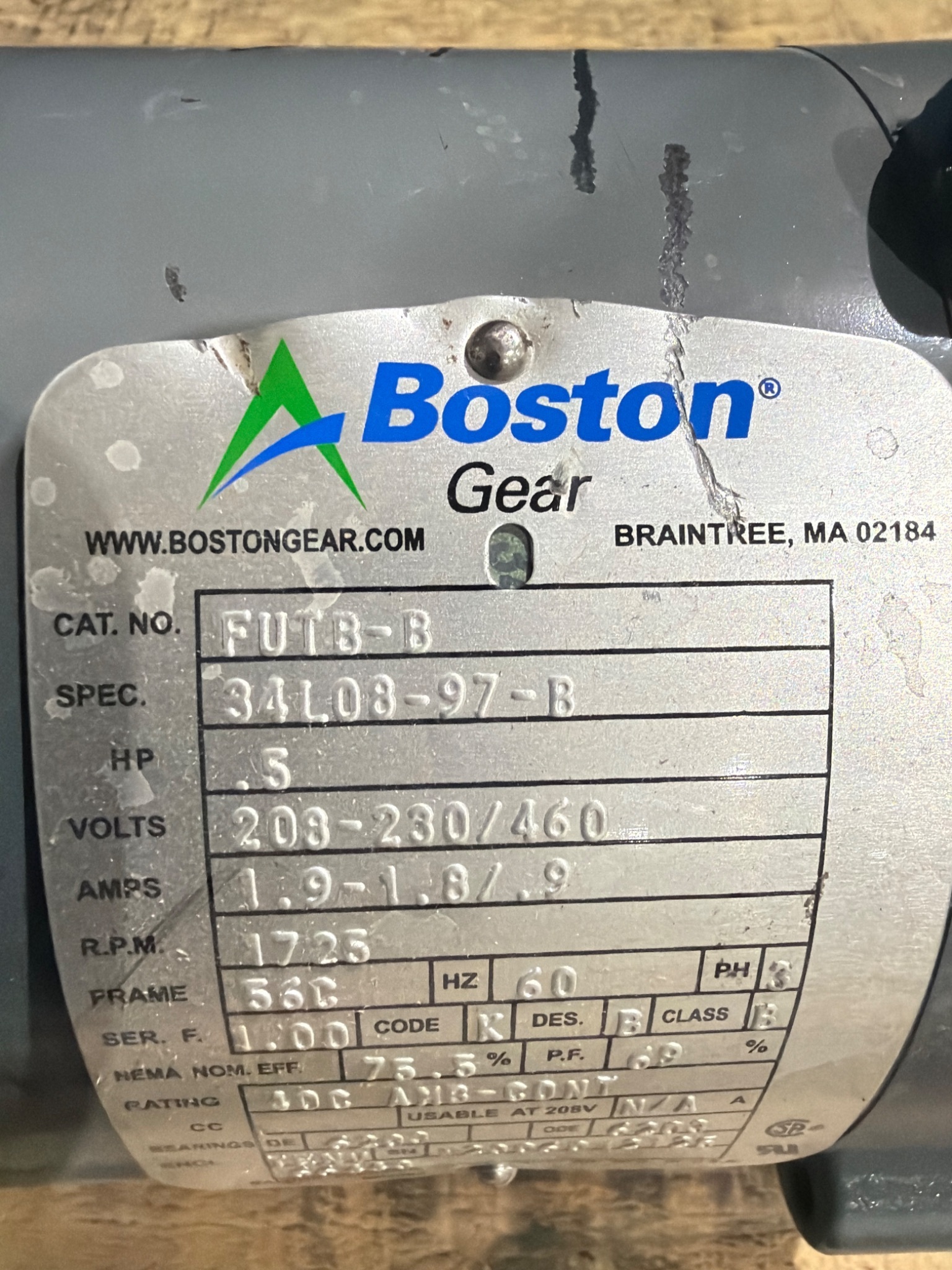 Boston Gear FUTB-B Gear Drive Motor Assembly 0.5HP 1725 RPM USED 4