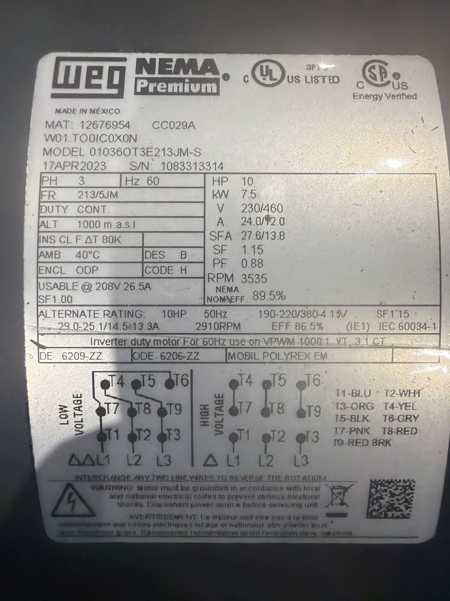 WEG 01036OT3E213JM-S 10 HP 3 Phase AC Motor 3535 RPM 230/460V USED 4