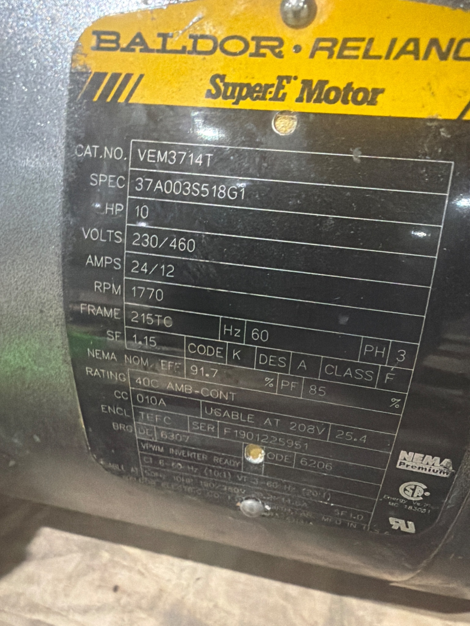 Baldor Reliance VEM3714T 10 HP 3 Phase AC Motor 1770 RPM 230/460V USED 4