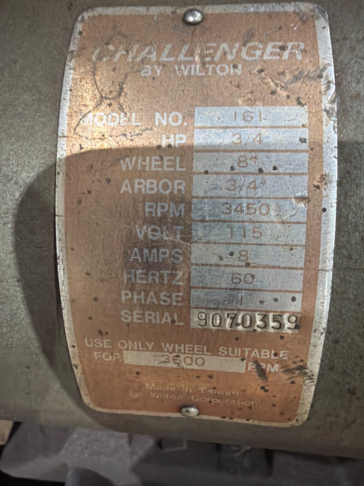 Wilton Challenger 161 Pedestal Grinder 8" Wheel 3/4 HP 3450 RPM USED 4