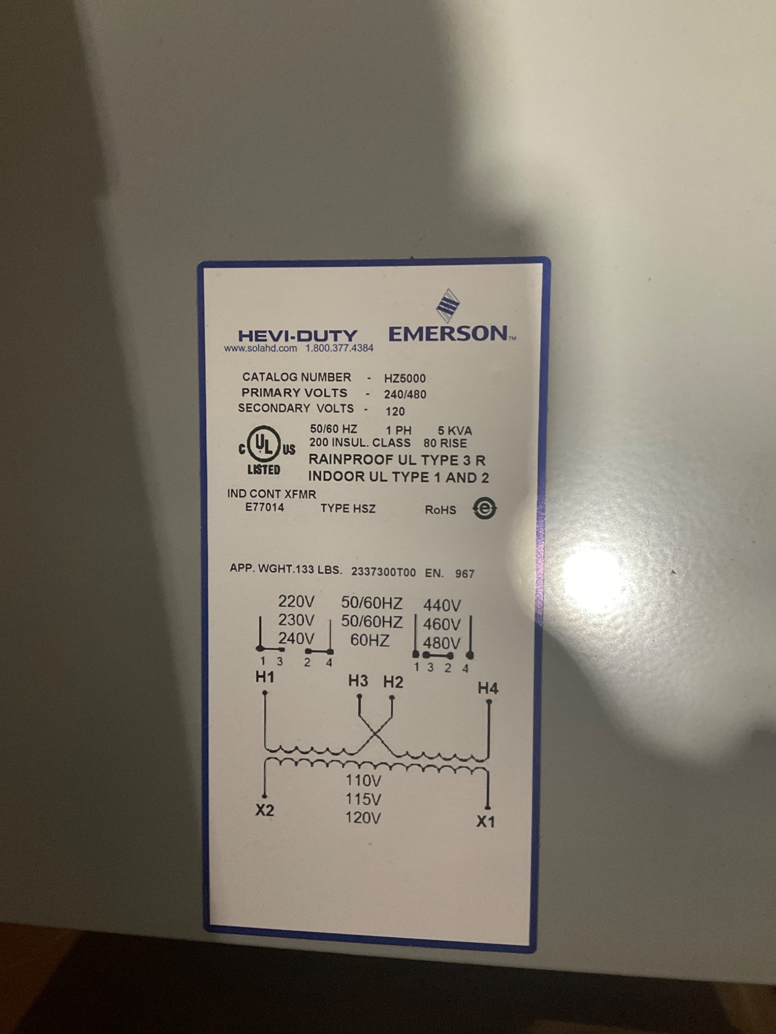 EMERSON HZ5000 5KVA Control Transformer 240/480V - 120V NEW 5