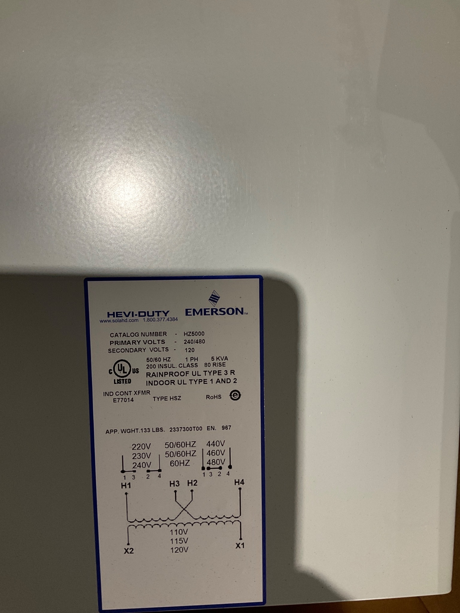 EMERSON HZ5000 5KVA Control Transformer 240/480V - 120V NEW 2