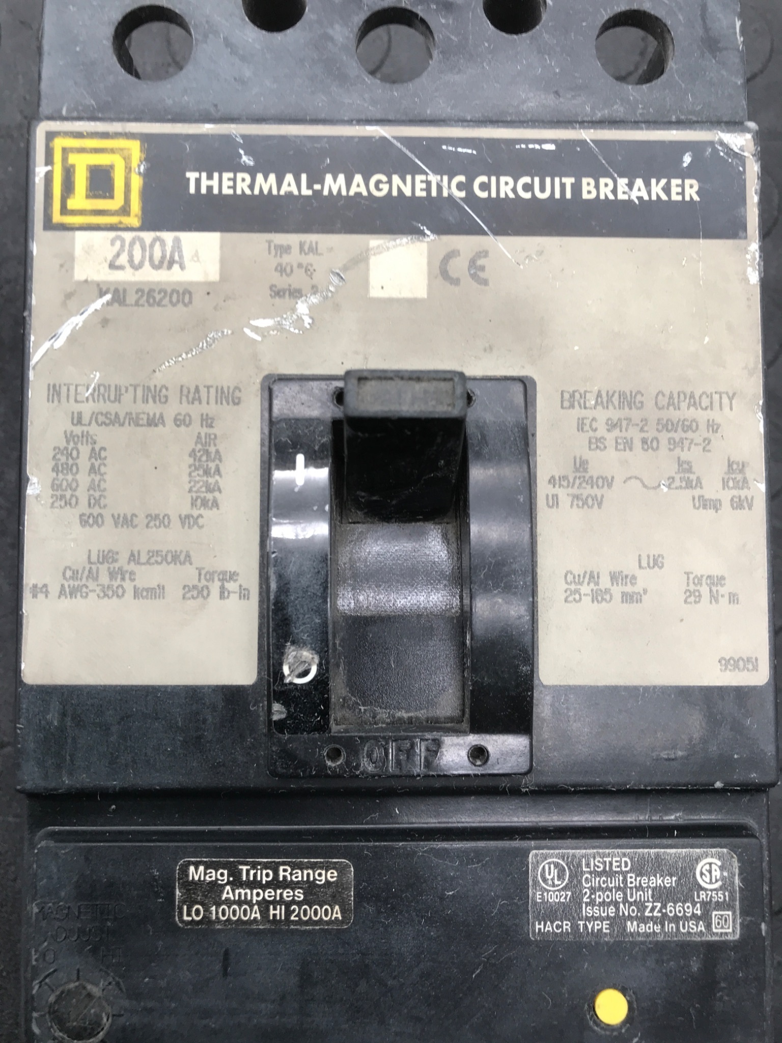 Square D KAL26200 Thermal‑Magnetic Circuit Breaker USED 3