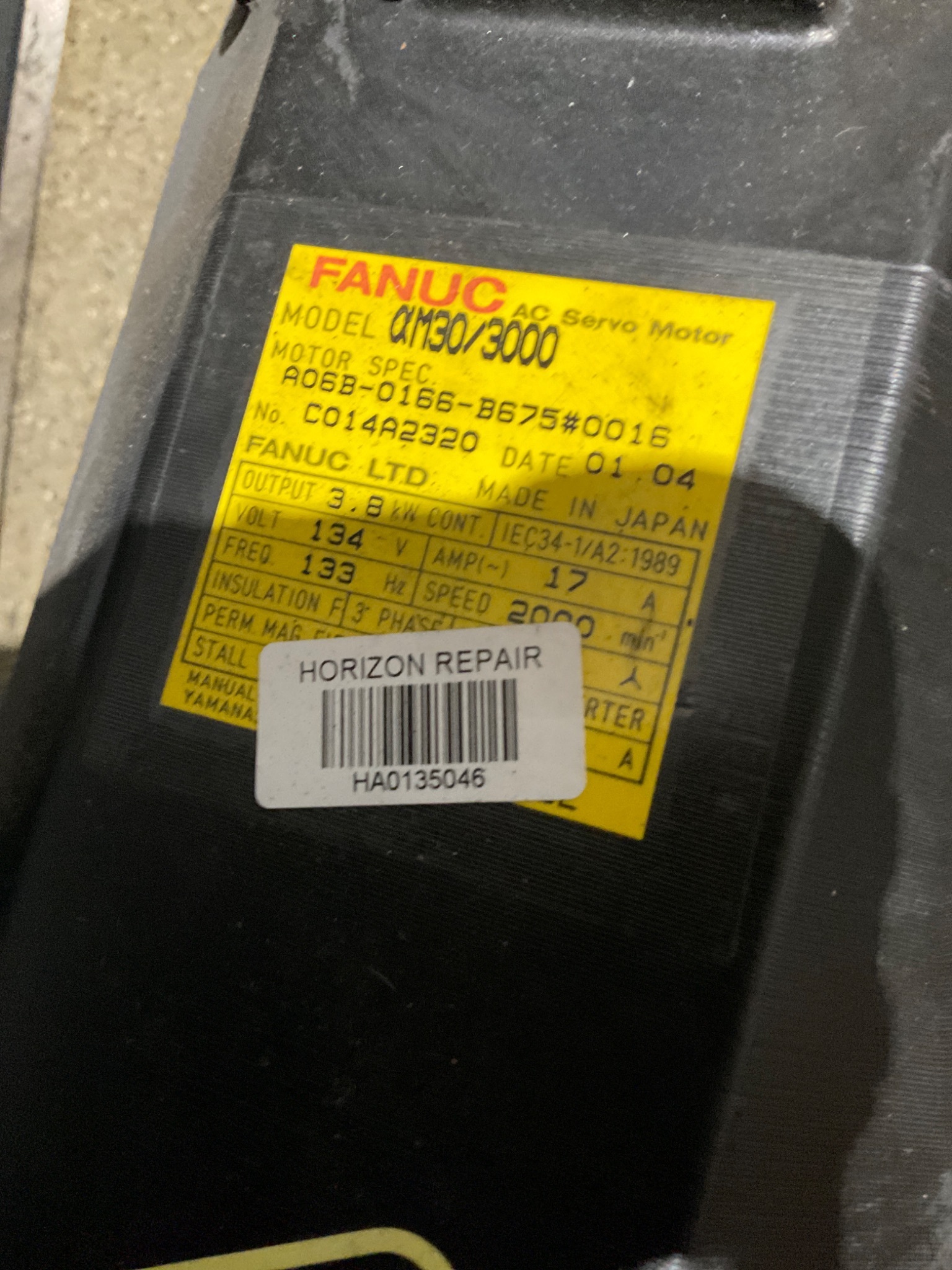 FANUC A06B-0166-B675#0016 AC Servo Motor 3.8 kW 2000 RPM USED/REPAIRED 2