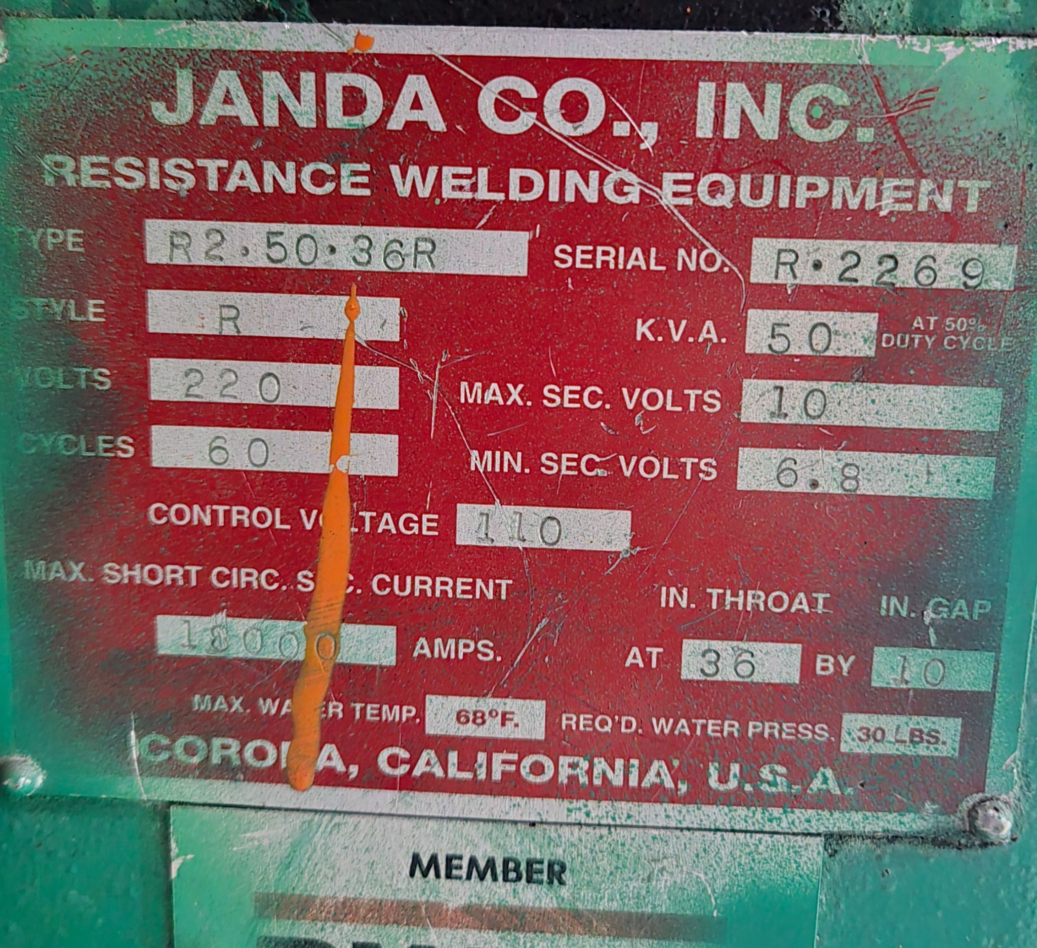 JANDA CO R2-50-36R BUTT WELDER 50 KVA 220V 36" Throat USED 1