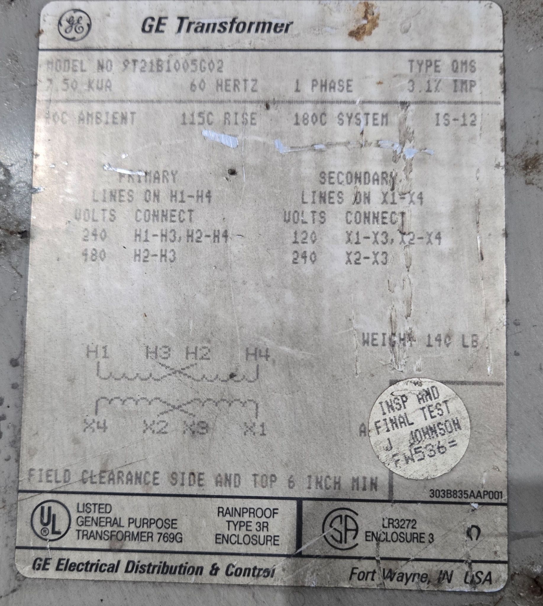 GENERAL ELECTRIC 9T21B1005G02 Transformer 240/480V - 120/240V, 7.5 kVa, 1PH USED 2