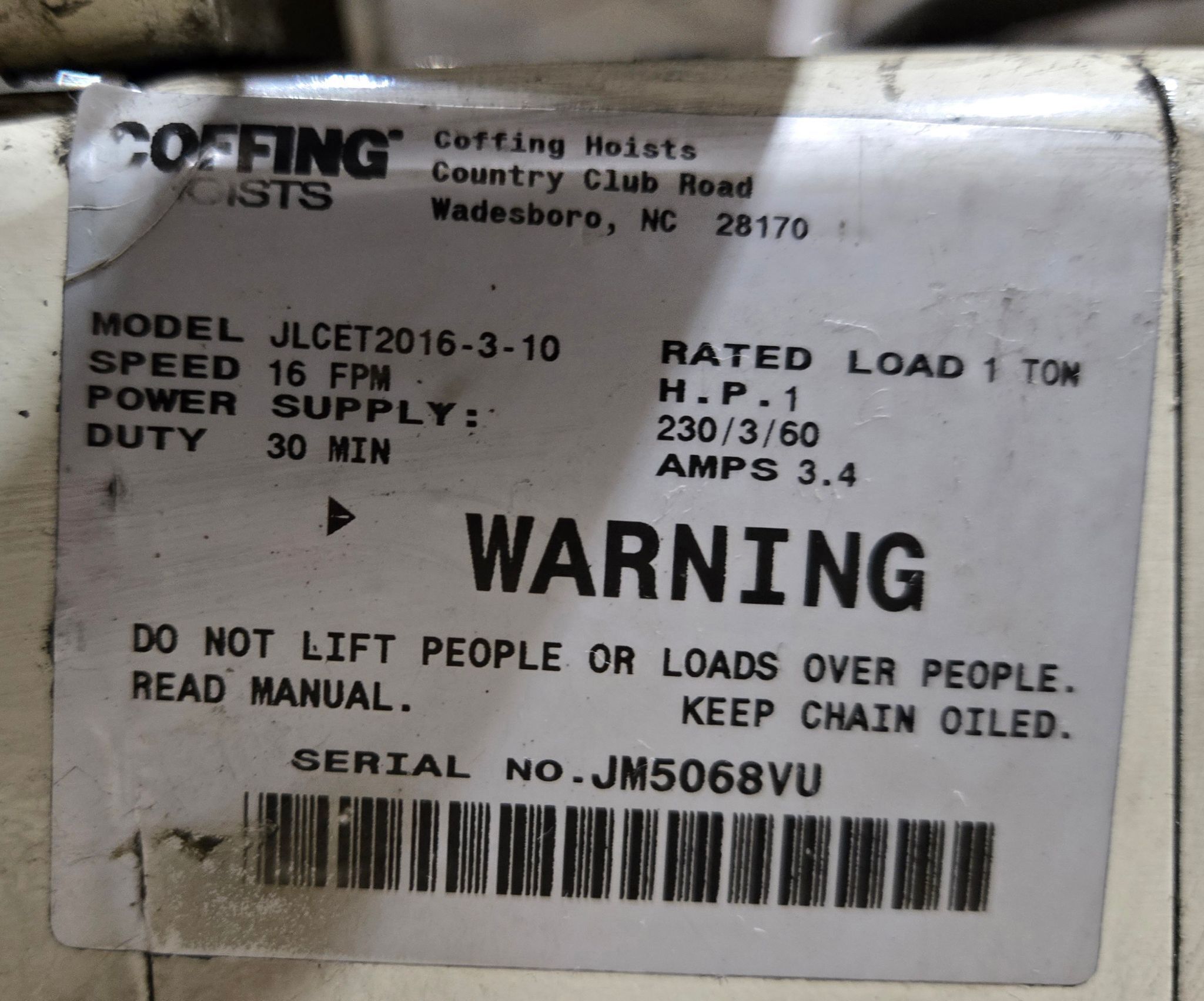 COFFING JLCET2016-3-10 1 TON RAIL MOUNTED CHAIN HOIST USED 7