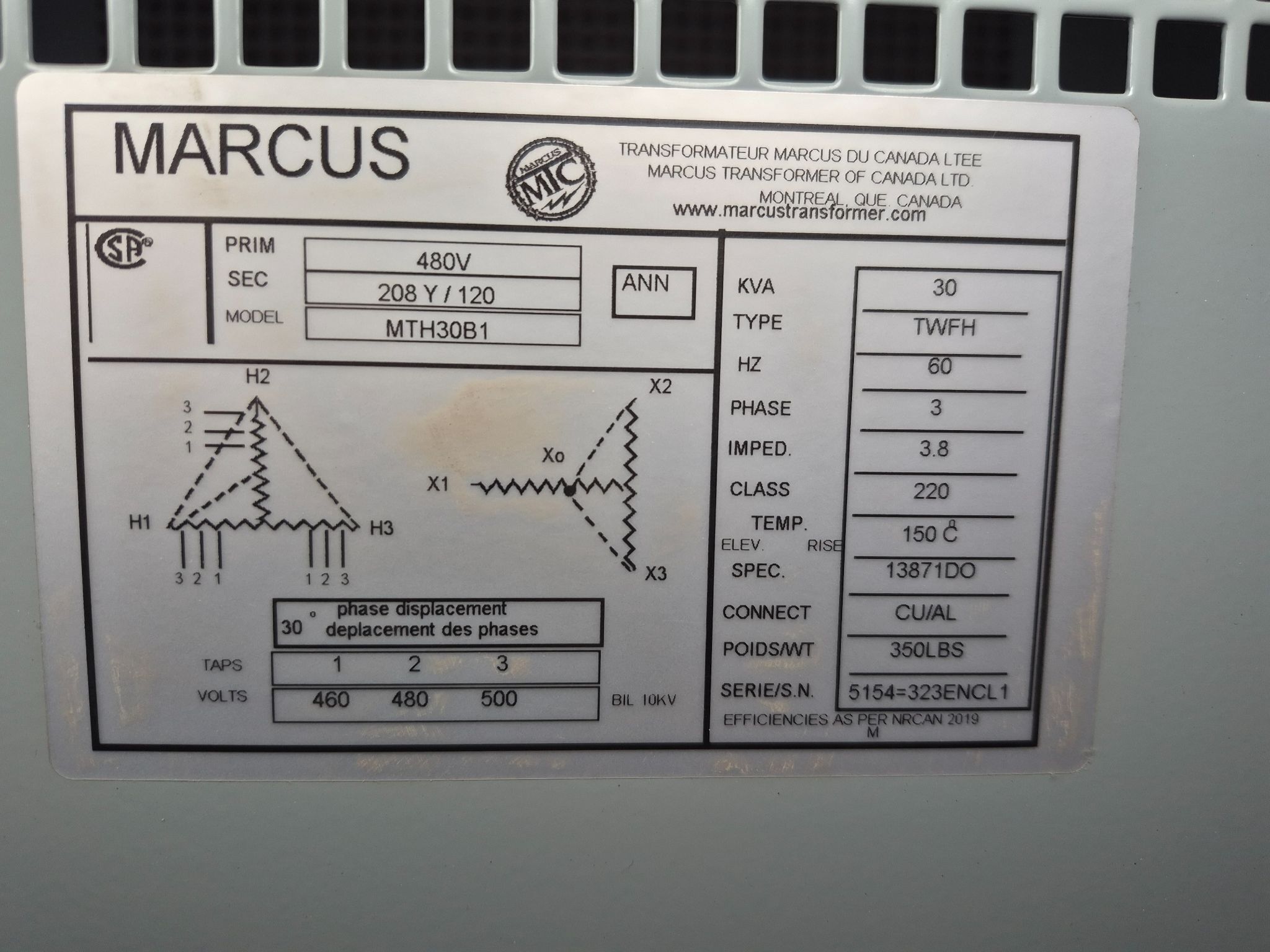 MARCUS MTH30B1 Three-Phase 30KVA Transformer 480V - 208Y/120 NEW 2